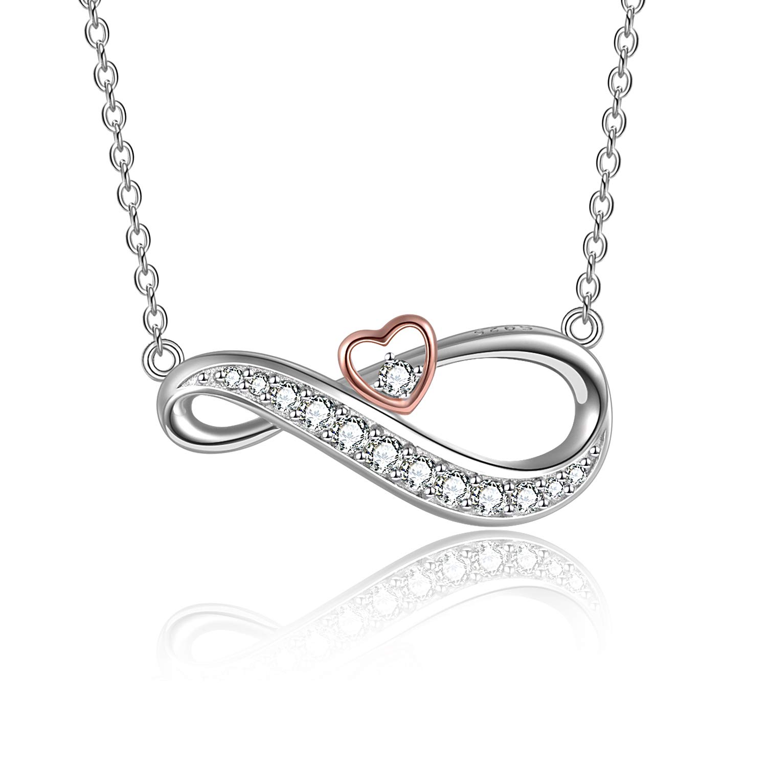 POPKIMI Infinity Necklace Sterling Silver Love Heart Pendant - Dainty Women's Jewelry Gift for Birthday, Anniversary & Valentine's Day - Perfect for Everyday Wear & Special Occasions