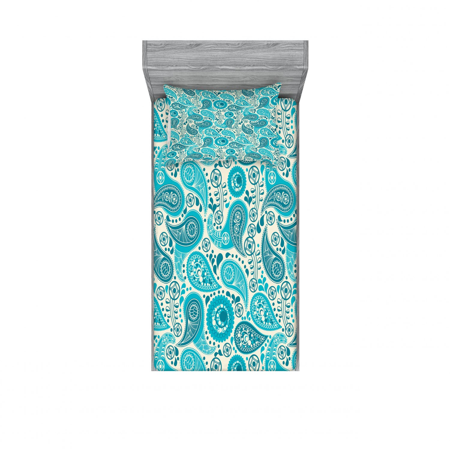 Ambesonne 2-Piece Twin Fitted Sheet & Pillow Sham Set - Blue Paisley Floral Design, 4-PC Bedding Collection (2 Fitted Sheets + 2 Pillowcases) in Teal & Aqua for Guest Room, Dorm or Kids Bedroom Decor