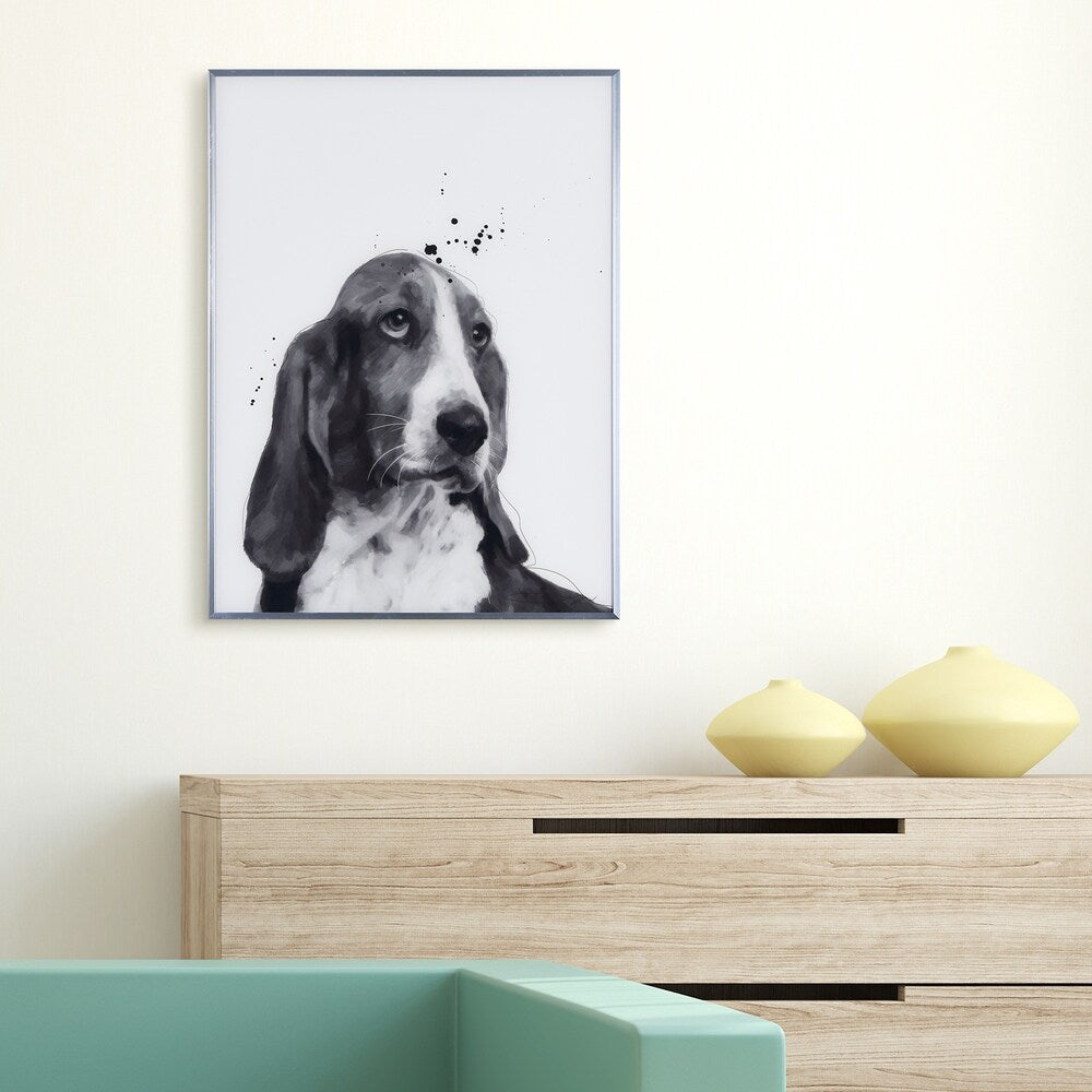 Basset Hound Black and White Dog Wall Art - Reverse Printed Glass with Gunmetal Frame | Modern Home Decor, Living Room & Office Wall Art