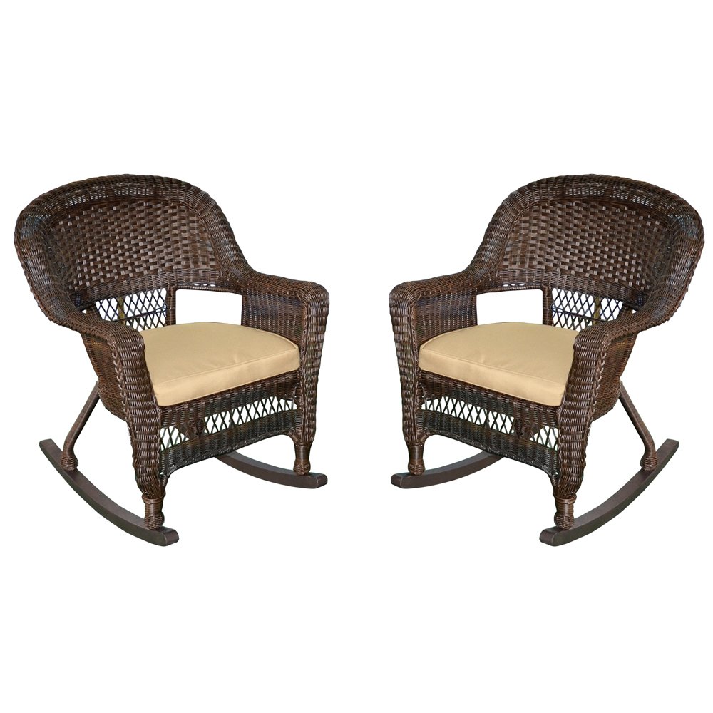 Jeco W00201R-A_2-FS006 Espresso Rocker Wicker Chair with Tan Cushion - Set of 2 Patio Chairs for Outdoor Relaxation, Porch, Garden & Backyard Decor