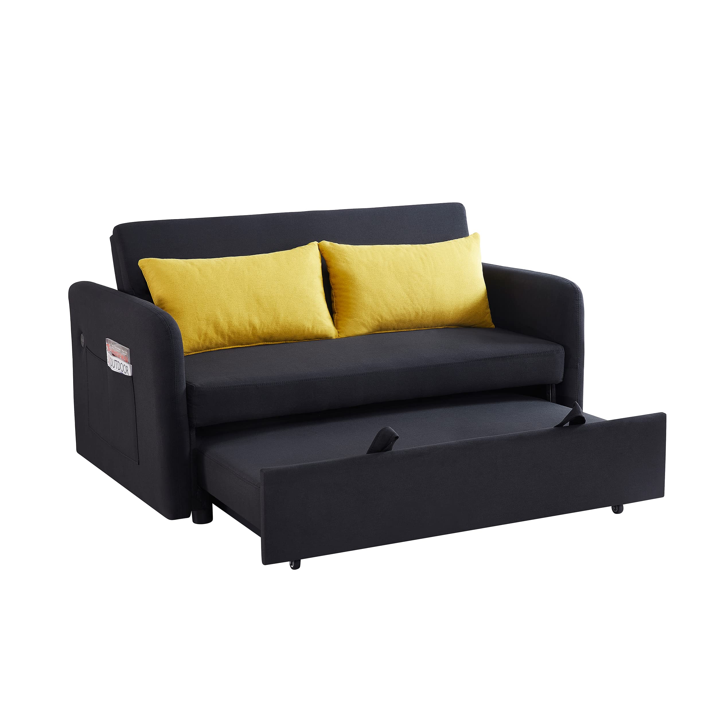 Kevinplus Convertible Sofa Bed with USB Charging Port - Pull-Out Twin Sleeper Sofa & Lounge Chaise with Side Pocket - Space-Saving Multi-Functional Furniture for Small Apartments, Living Room & Guest Bedroom - Black