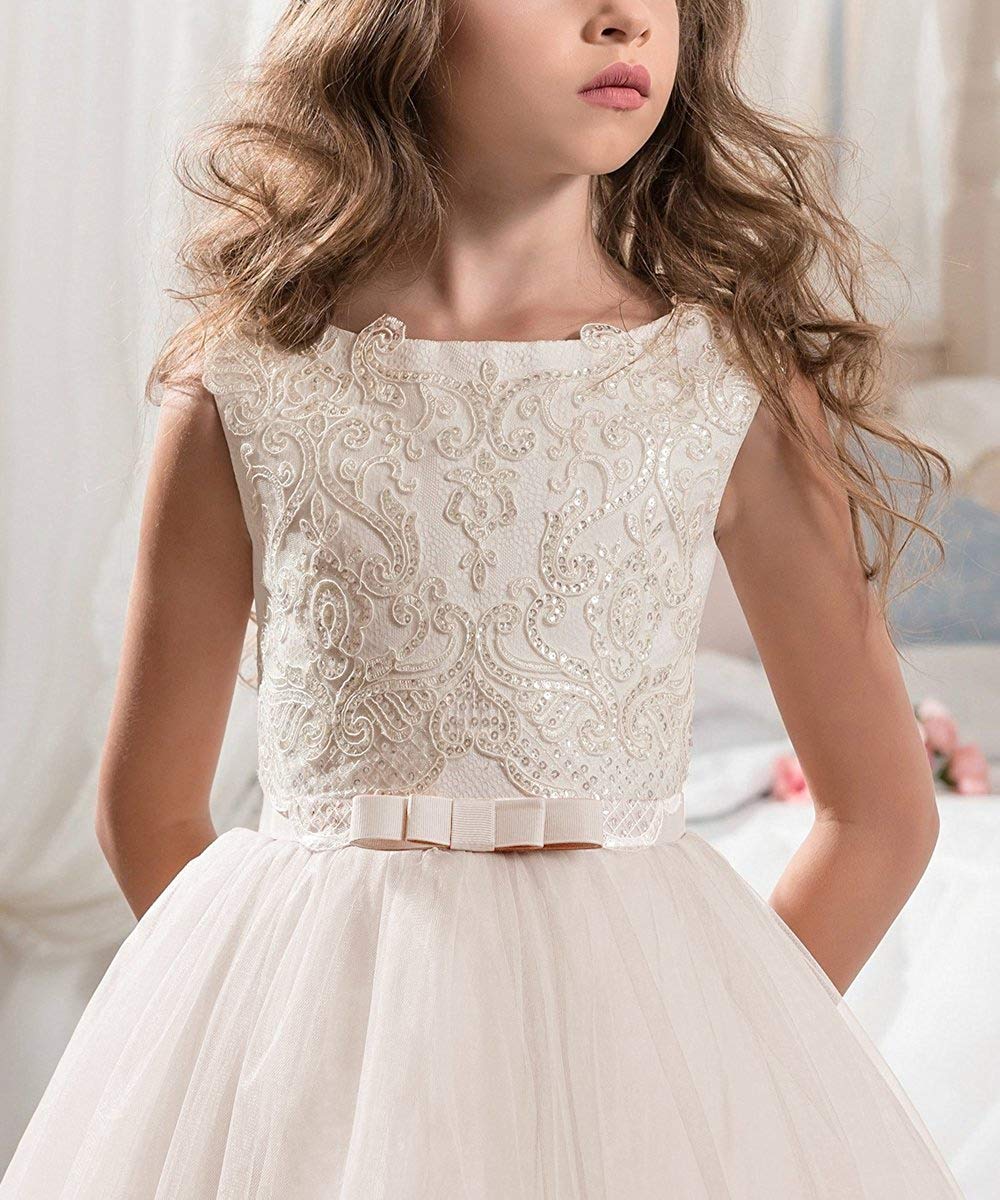 Ivory Long Lace Flower Girl Dresses for Weddings - Champagne Party Dress for Special Occasions, Birthday Celebrations & Formal Events
