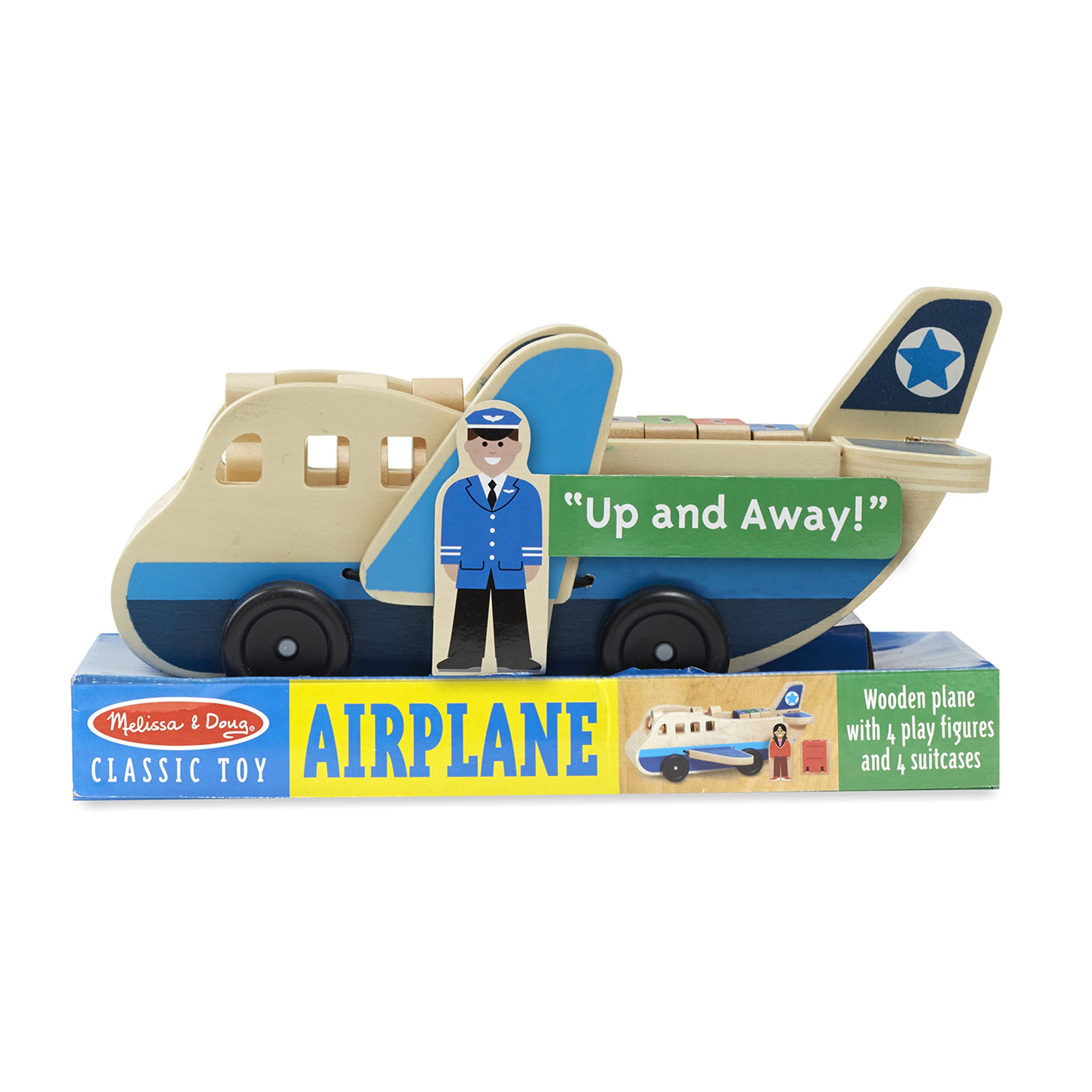 Melissa & Doug Wooden Airplane Play Set with 4 Figures & 4 Suitcases - Pretend Play Toy for Kids, Travel Adventure Role Play for Preschoolers & Toddlers