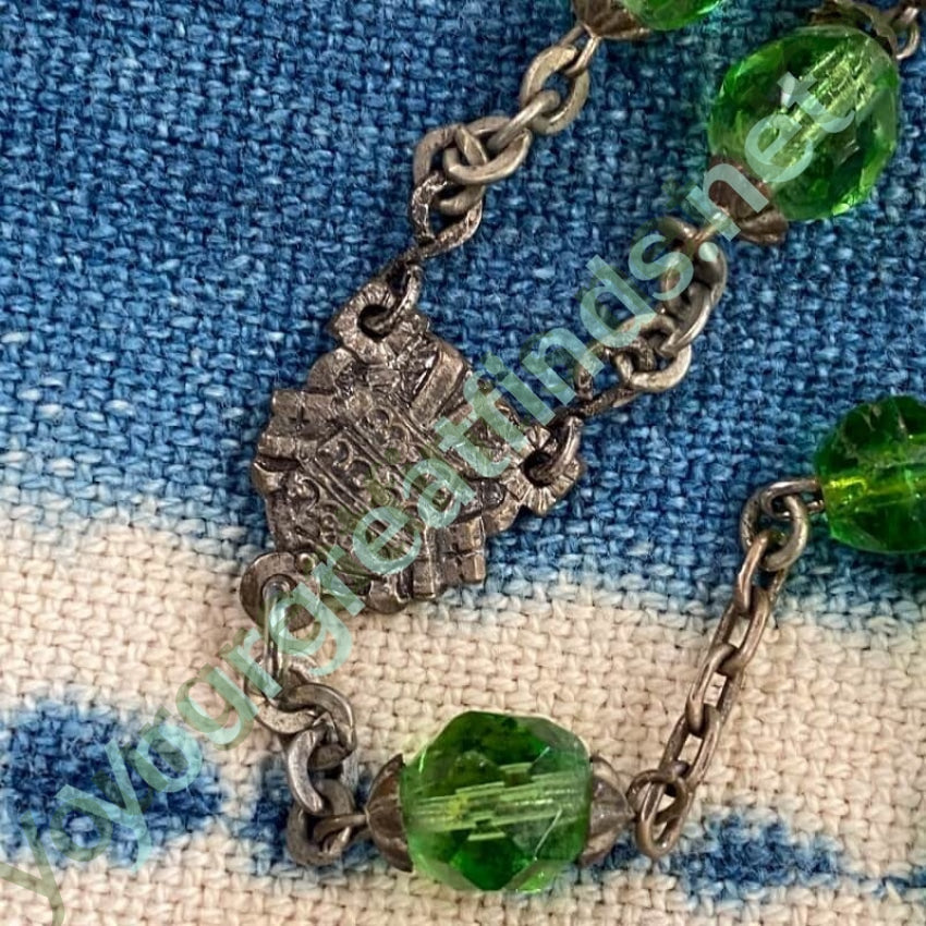 Vintage 7 Up Green Faceted Glass Bead Rosary - Antique Style Catholic Prayer Beads with Patina Finish for Collectors & Religious Devotion