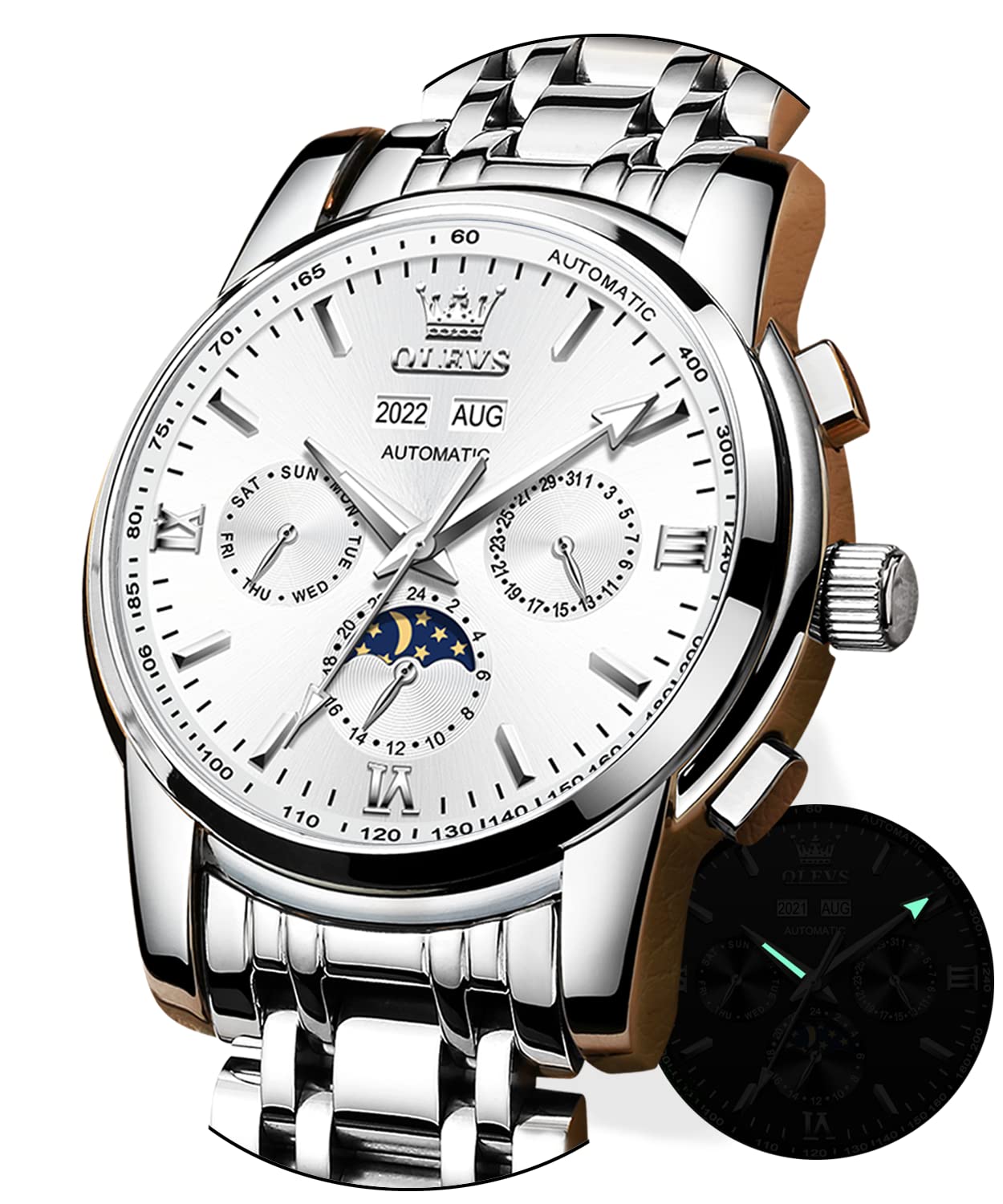 OLEVS Men's Automatic Self-Wind Luxury Watch - Stainless Steel Waterproof Mechanical Wristwatch with Luminous HD Big Face & Day-Date-Month Display - Perfect for Business, Formal Events & Gift Giving