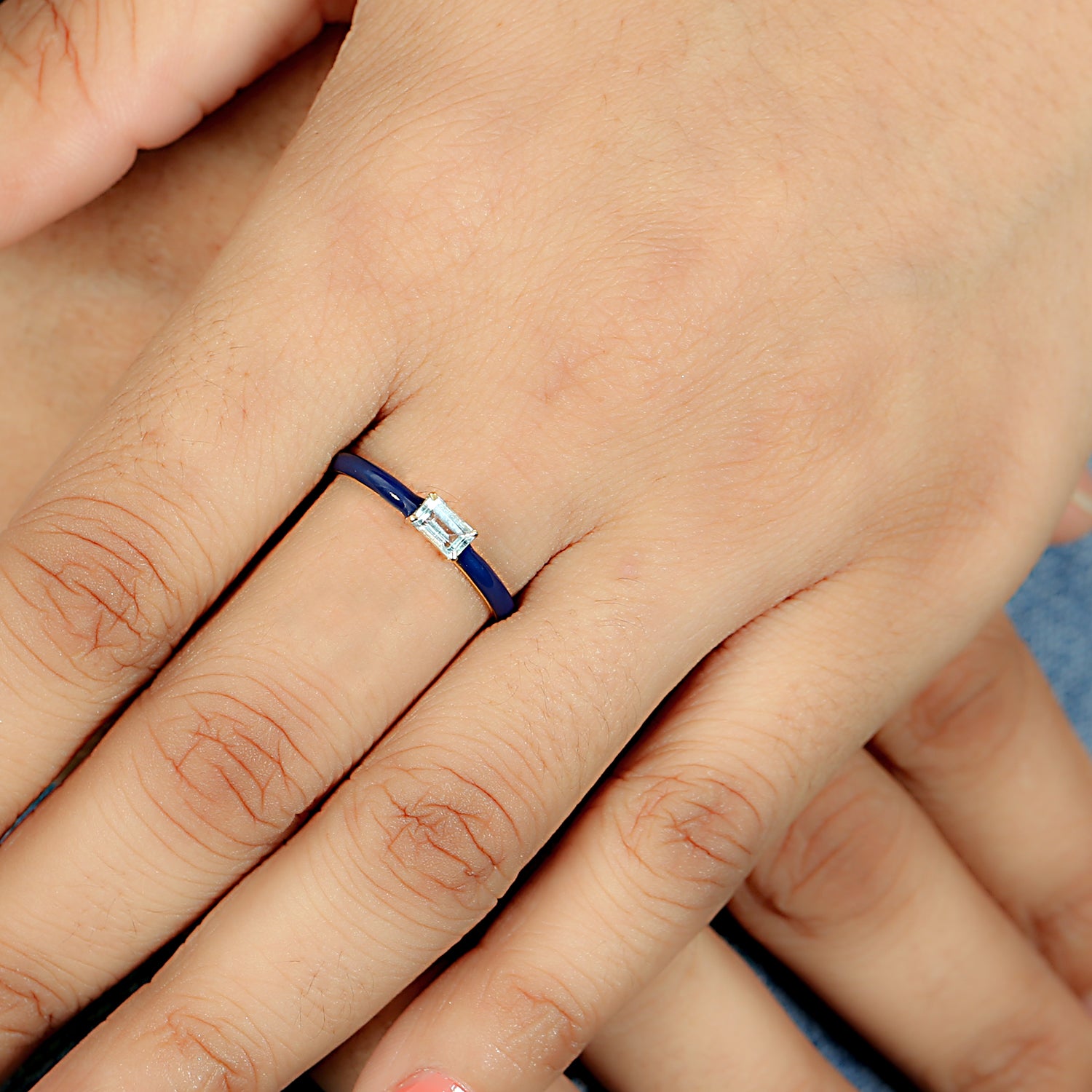 14k Yellow Gold Baguette Cut Blue Topaz Enamel Band Ring for Women | Elegant Stackable Jewelry for Weddings, Anniversaries & Special Occasions