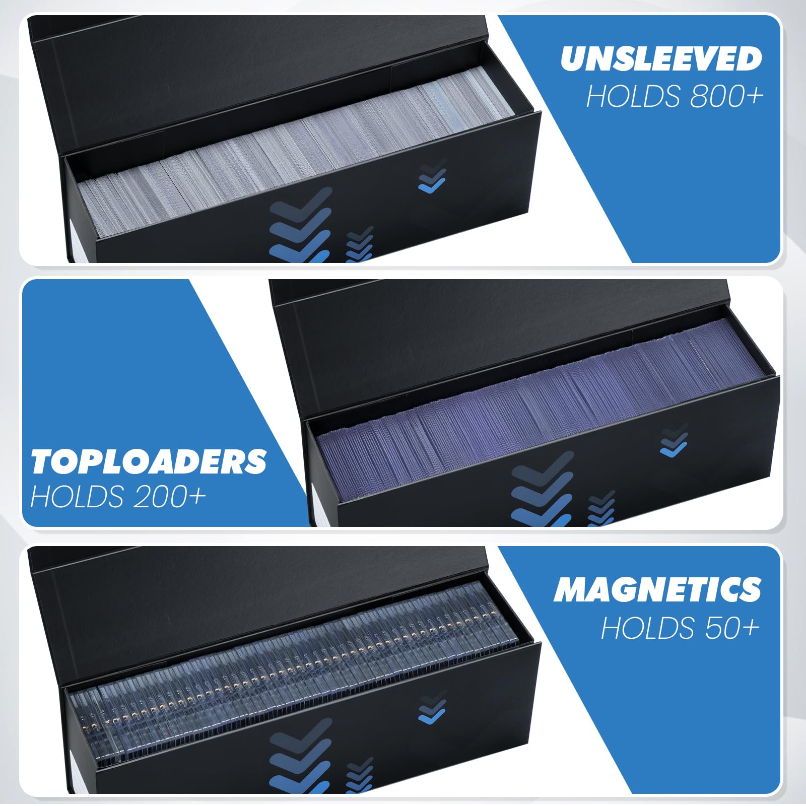 800-Card Trading Card Storage Box with Magnetic Closure - Holds 200 Toploaders or 50 Magnetic Holders | Easy Assembly Sports Card Organizer (3-Pack) for Collectors, TCG Games & Card Show Storage