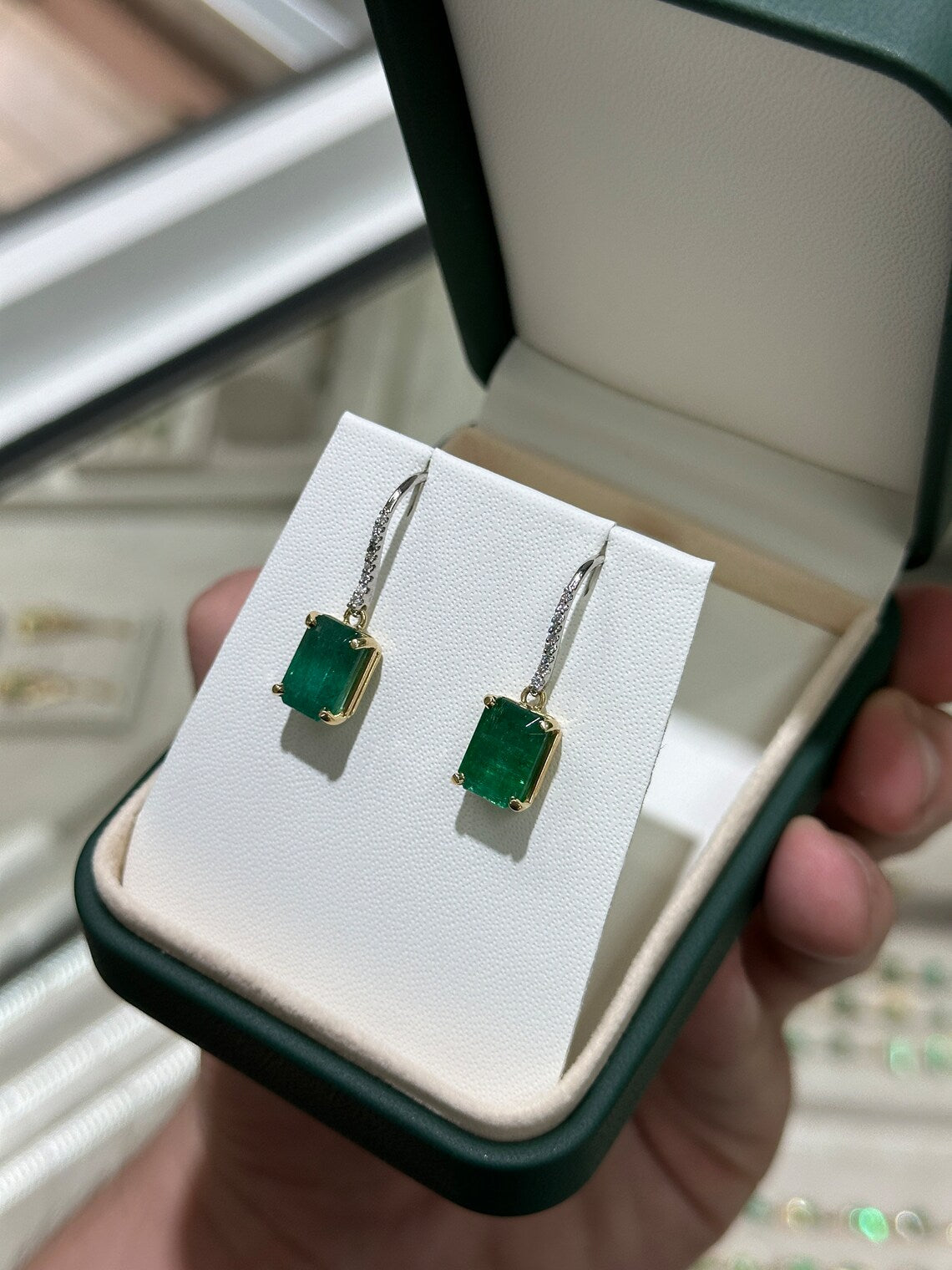 8.32 Carat Emerald Dangle Earrings with Diamond Accents & Leverback Hooks - Elegant Jewelry for Weddings, Parties & Special Occasions