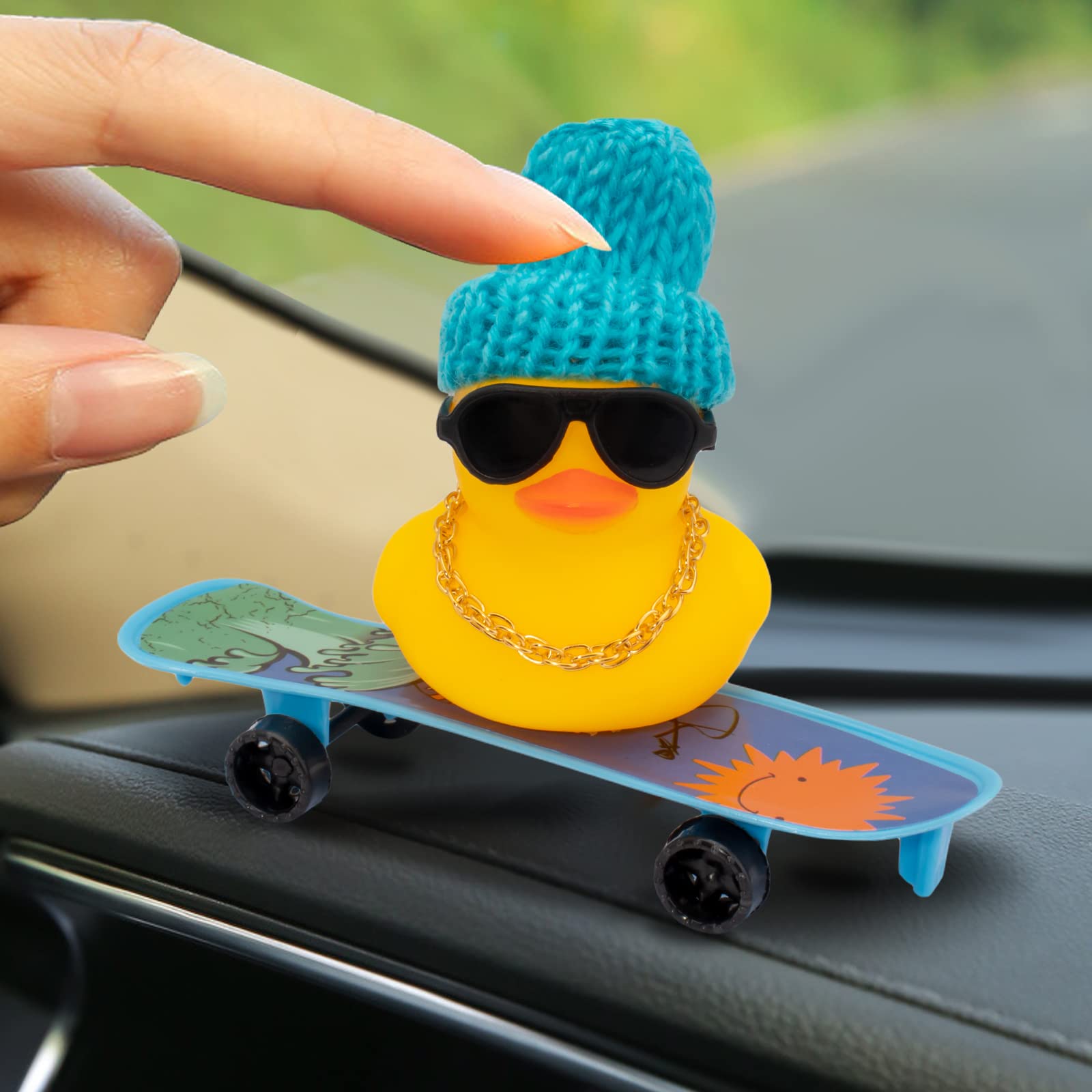 Wonuu Rubber Duck Car Dashboard Ornament - Cute Decorative Accessory with Mini Hat, Necklace, Sunglasses, Chair & Skateboard - Perfect for Car Interior Decor, Gifts & Fun Office Desk Accessories