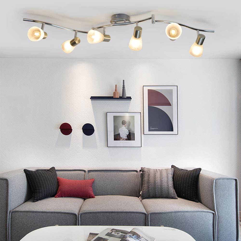 DLLT 6-Light Flexible Track Lighting Rail System - Adjustable Modern LED Spot Ceiling Light Fixture with Glass Shade - Brushed Steel Finish - Perfect for Living Room, Dining Room, Bedroom & Kitchen Lighting