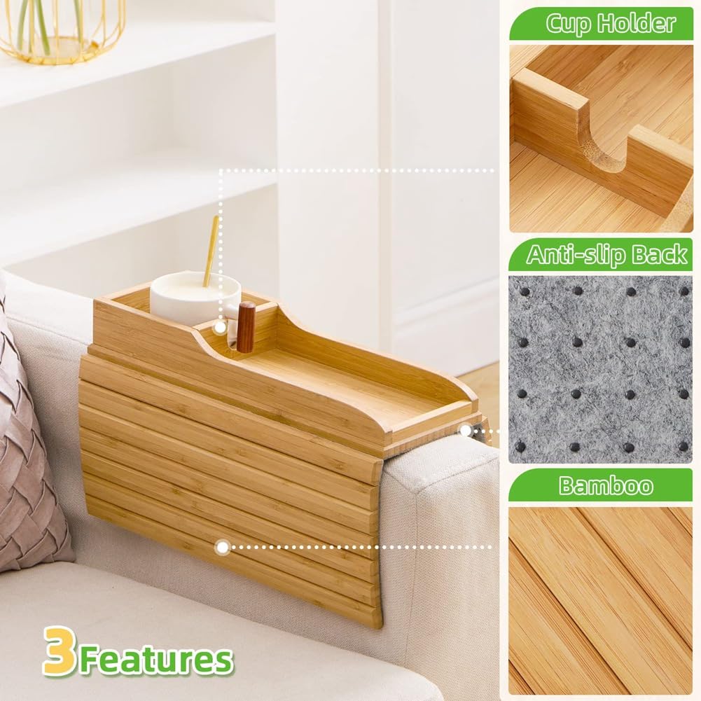 Natural Bamboo Couch Cup Holder - Portable Drink Holder & Armrest Tray for Sofa | Easy-to-Use Side Table for Living Room, Bedroom & Home Theater Relaxation