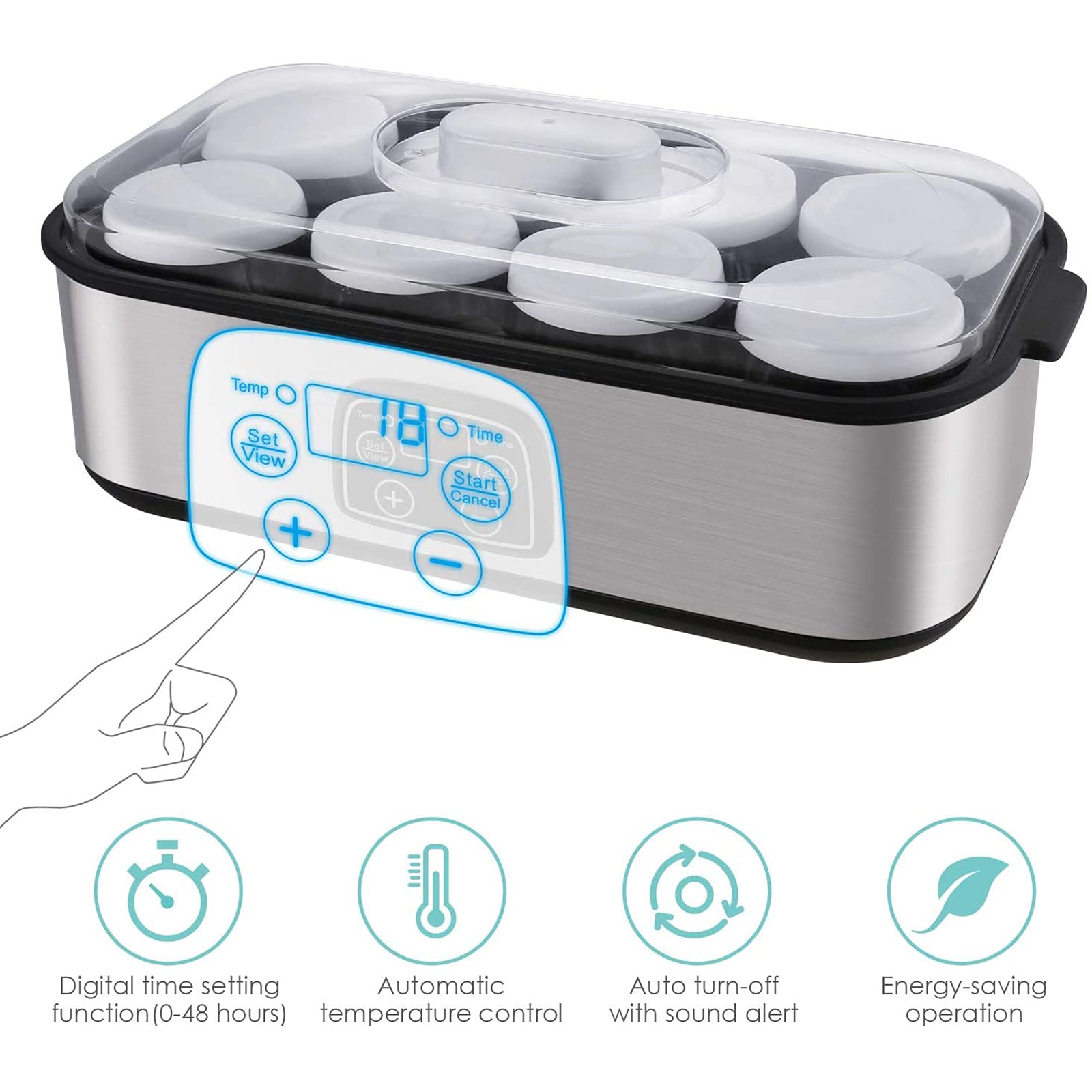 Automatic Digital Yogurt Maker Machine with LCD Display - 8 Glass Jars (48 Oz) - Stainless Steel Design & Auto Temperature Control - Perfect for Homemade Yogurt, Healthy Snacks, and Family Breakfast