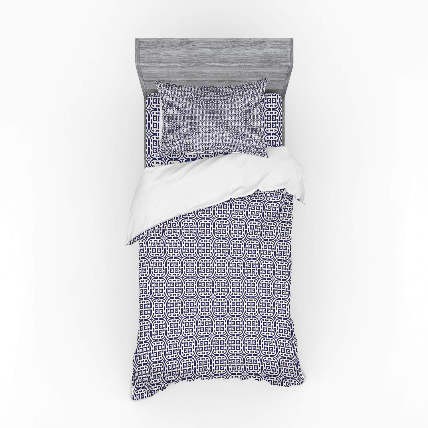 Ambesonne Ethnic Duvet Cover Set - Traditional Symmetric Geometric Pattern 3-Piece Bedding Set with Sham & Fitted Sheet, Twin Size, Eggshell & Night Blue - Perfect for Bohemian Bedroom Decor & Guest Room Styling