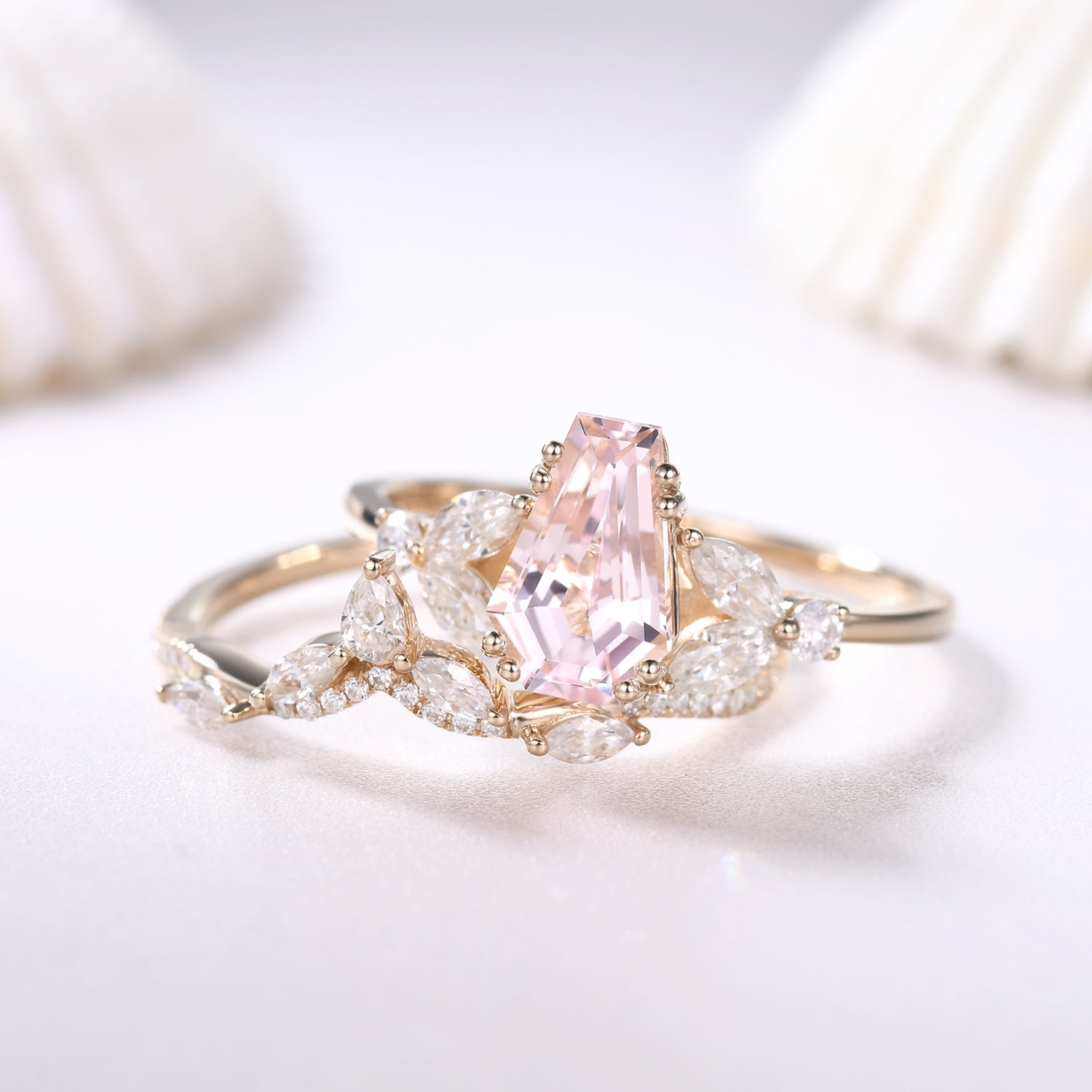 Elegant Coffin-Shaped Morganite Bridal Ring Set with Curved Matching Wedding Band - Perfect for Gothic Weddings, Alternative Engagement, and Unique Bridal Jewelry Gifts