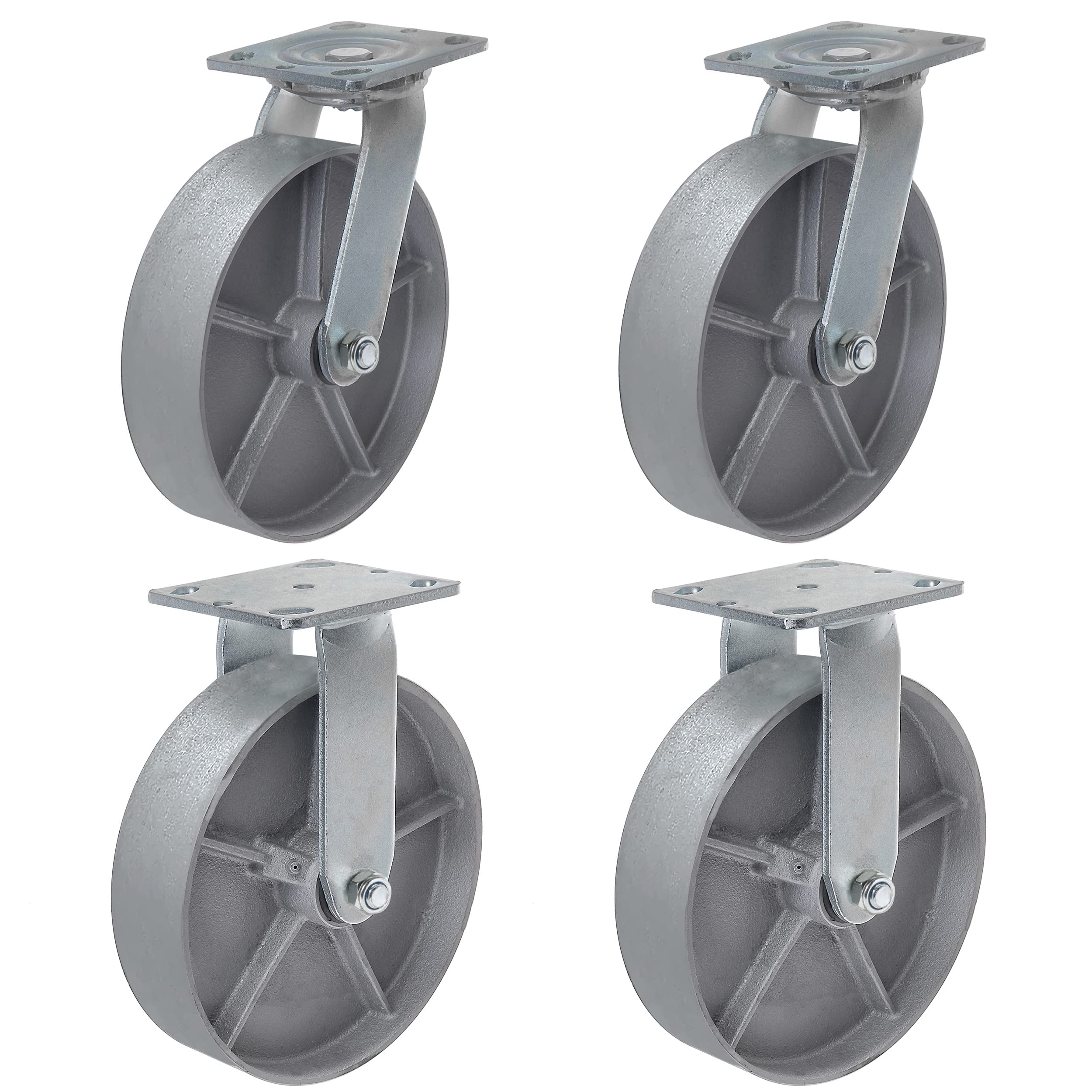 Heavy Duty 8 Inch Steel Cast Iron Caster Wheels - Set of 4 (2 Swivel & 2 Rigid) 5200 LB Capacity for Tool Boxes, Workbenches, Industrial Carts & Workshop Equipment