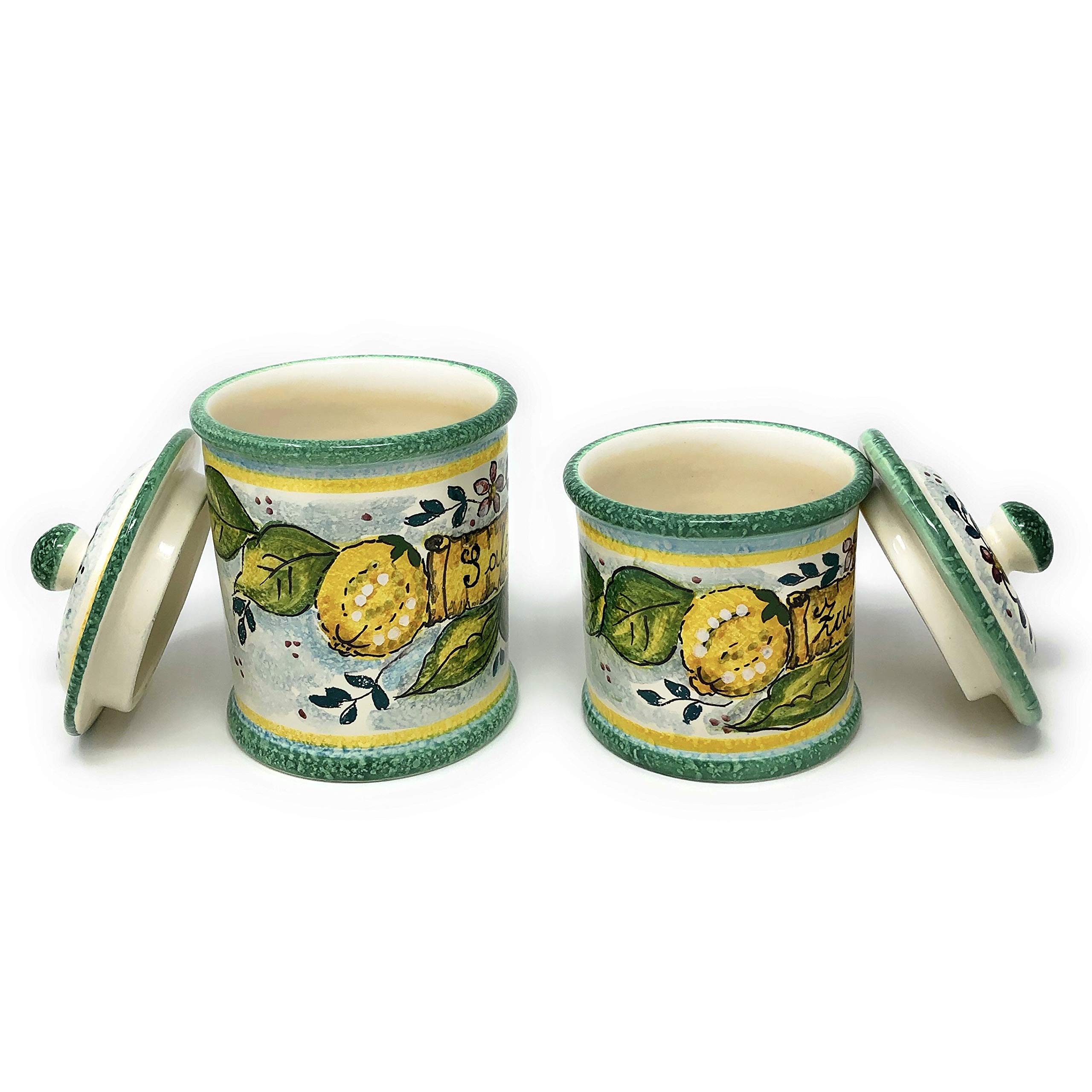 Italian Ceramic Food Storage Jars Set - Hand Painted Tuscan Lemon Design Kitchen Canisters for Salt, Sugar & Spices | Artisan Pottery Made in Italy | Perfect for Farmhouse, Rustic & Mediterranean Style Kitchens