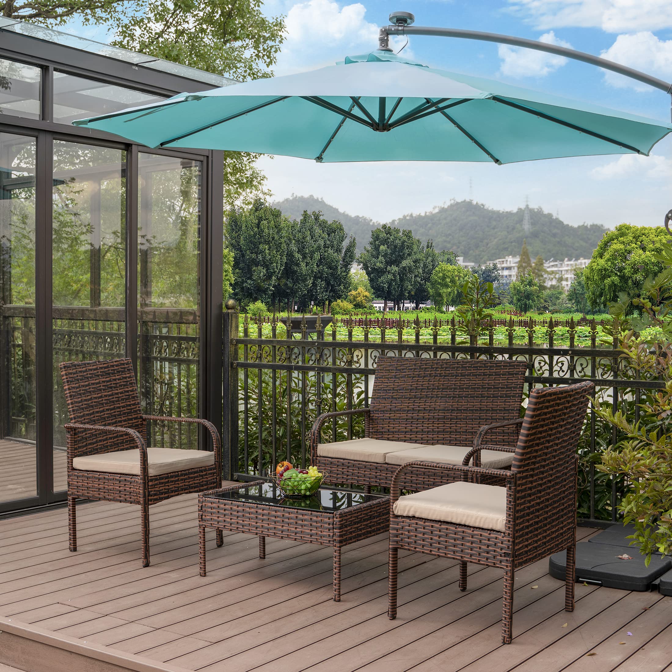 WestinTrends Roadhill 4-Piece All-Weather PE Rattan Patio Furniture Set - Brown & Beige Wicker Loveseat with Tempered Glass Coffee Table - Perfect for Outdoor Garden, Poolside, and Backyard Relaxation