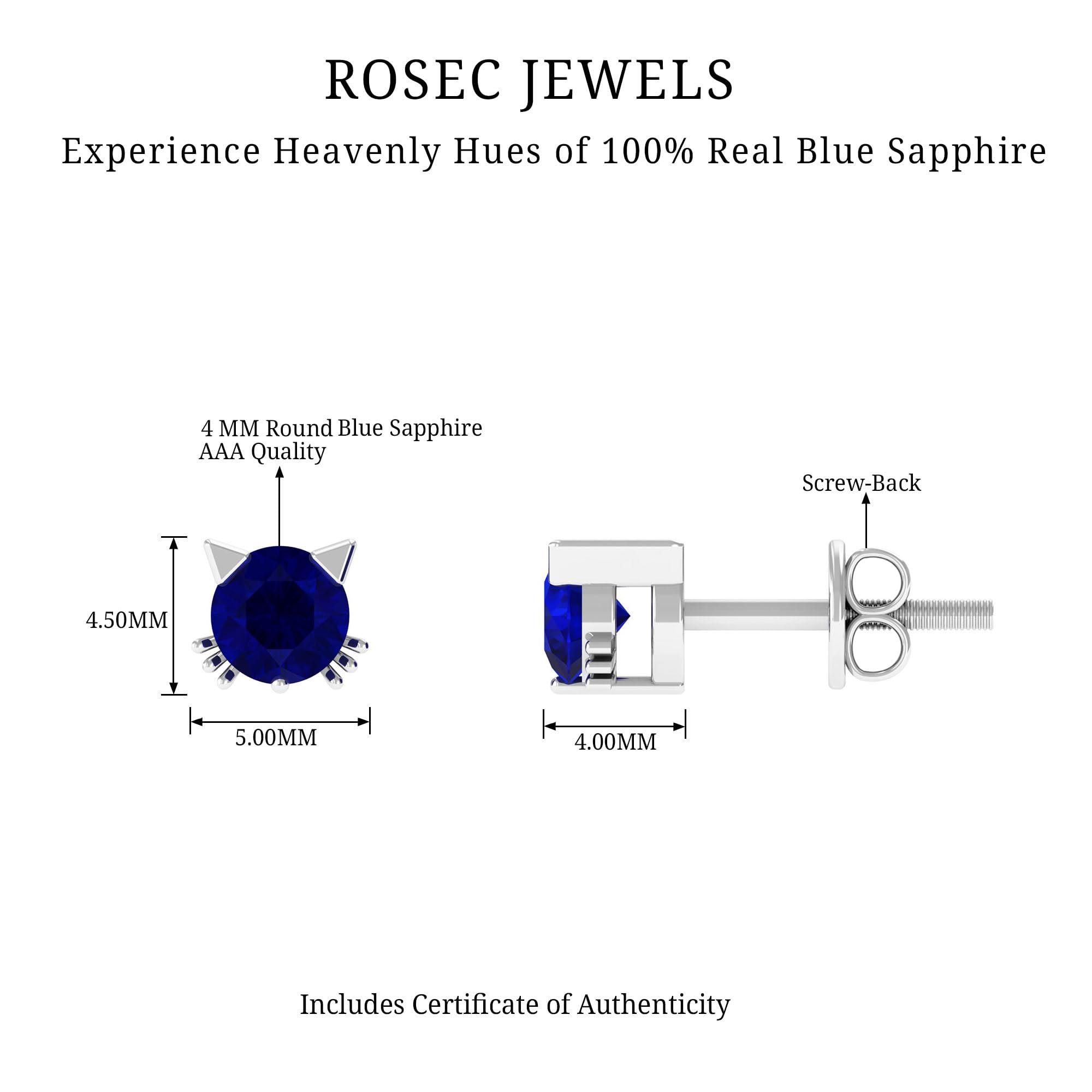 Natural Blue Sapphire Cat Stud Earrings - AAA Quality Gemstone Kitty Earrings with Secure Screw Back - Perfect Gift for Women & Girls - Elegant Jewelry for Parties, Dating & Everyday Wear