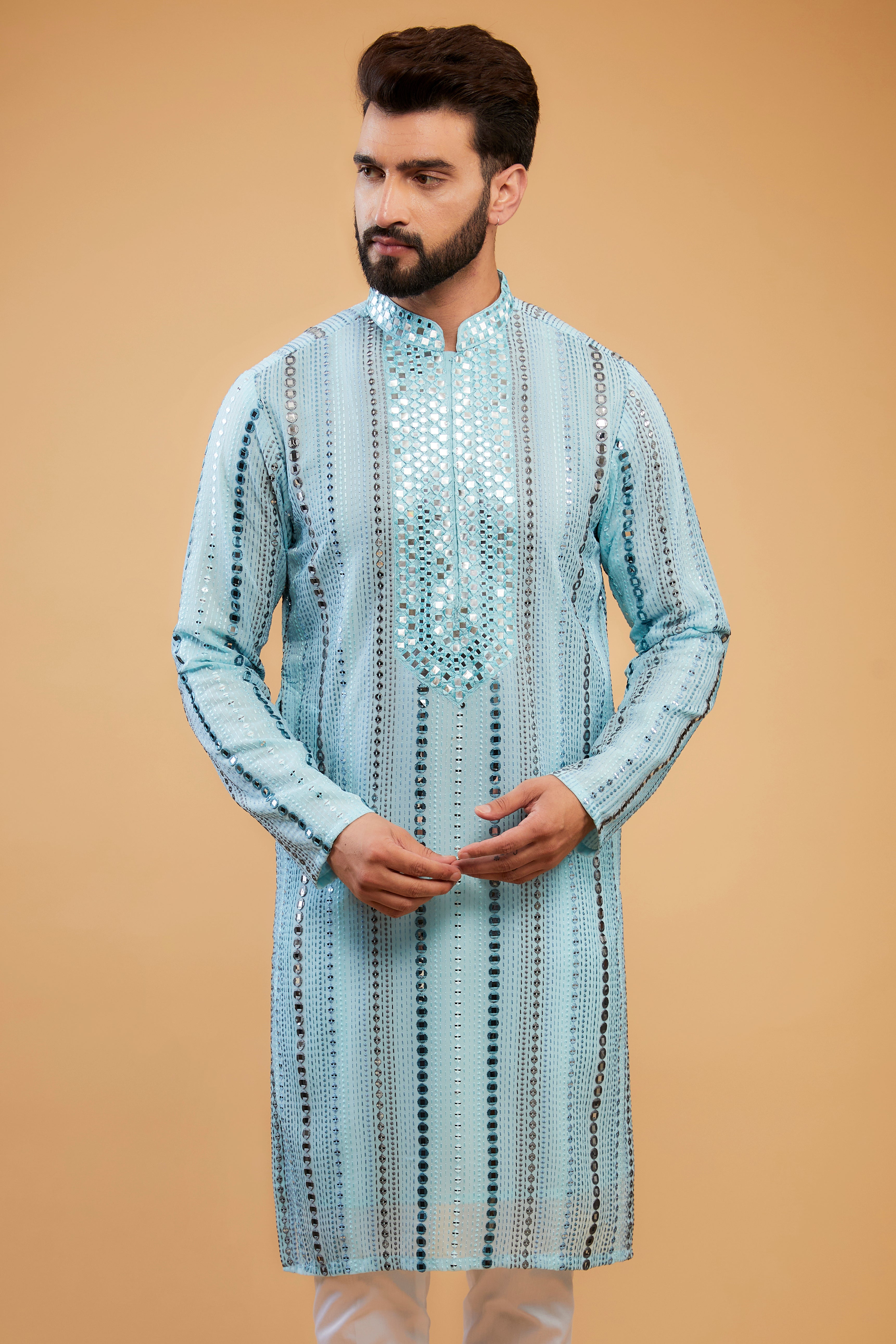Elegant Powder Blue Mirror Work Kurta with Hand Embroidered Neckline - Perfect for Indian Festivals, Weddings & Special Occasions