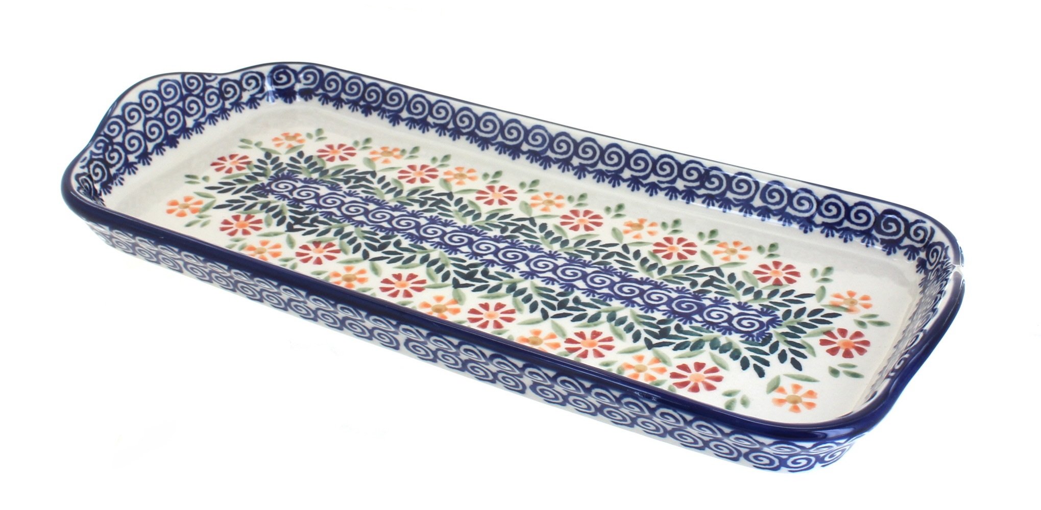 Handmade Blue Rose Polish Pottery Bread Tray with Handles - Elegant Serving Platter for Garden Parties, Tea Time & Home Decor