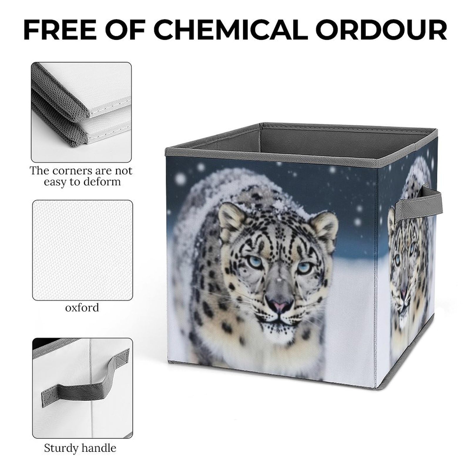 Foldable Blue Eyed Snow Leopard Storage Cubes with Handles - Closet Organizer Bins for Clothes, Cabinet & Shelf Organization | Perfect for Bedroom, Nursery & Dorm Storage Solutions