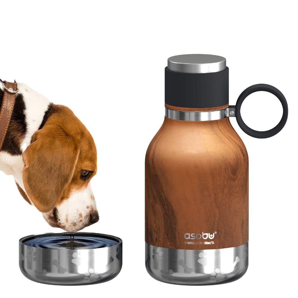 Asobu Insulated Stainless Steel Travel Bottle with Dog Bowl - 33oz, Hardwood - Perfect for Hiking, Camping & Outdoor Adventures with Your Pet