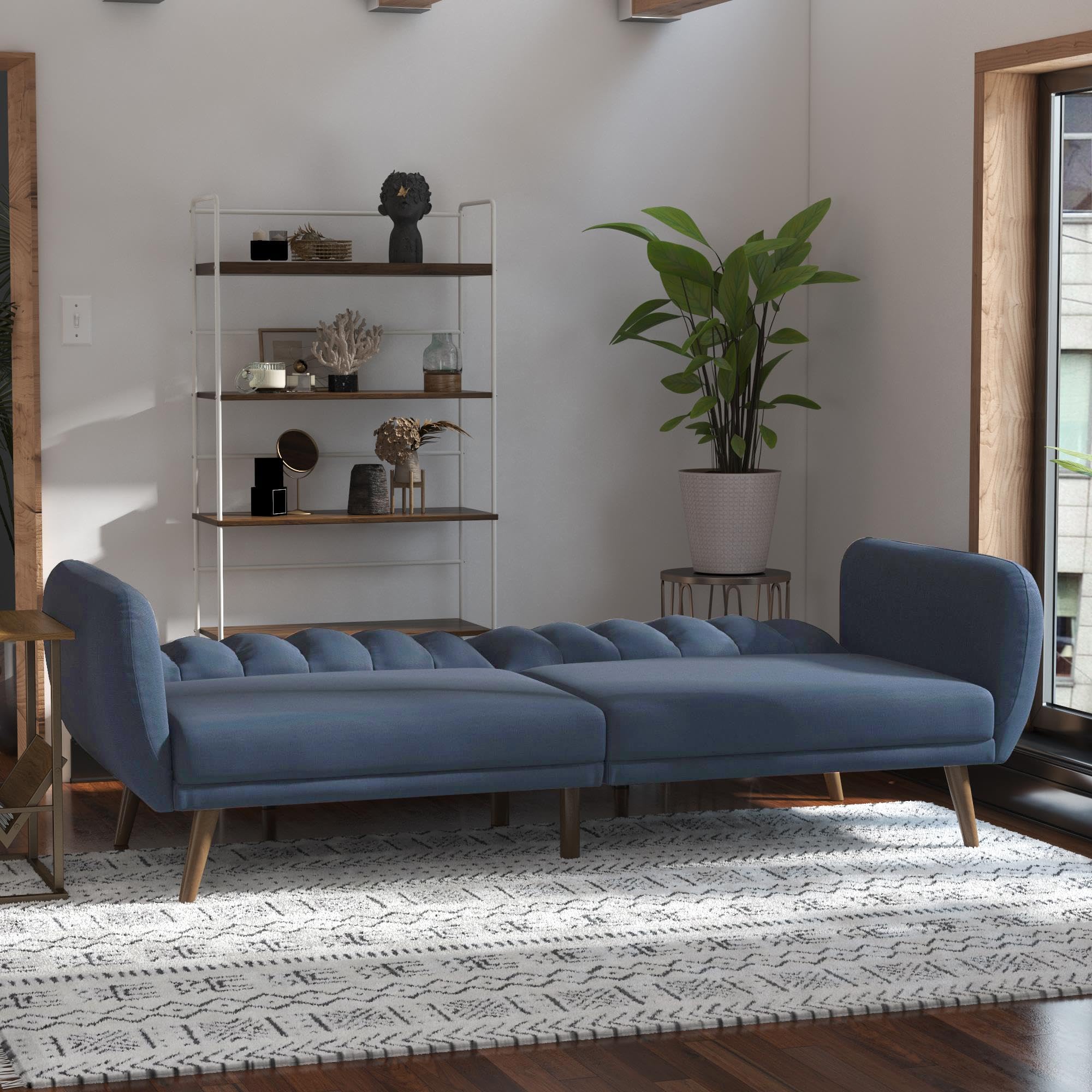 Novogratz Brittany Sofa Futon - Premium Linen Upholstery with Wooden Legs in Blue | Convertible Sleeper Sofa for Small Spaces, Living Room & Guest Room