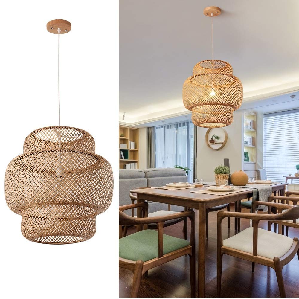 SkyTalent Hand-Woven Bamboo Pendant Light - Natural Rattan Chandelier with Domed Shape for Kitchen, Dining Room & Farmhouse Decor (14.96 x 15.71 Inch) - Eco-Friendly Hanging Lamp for Cozy & Rustic Ambiance