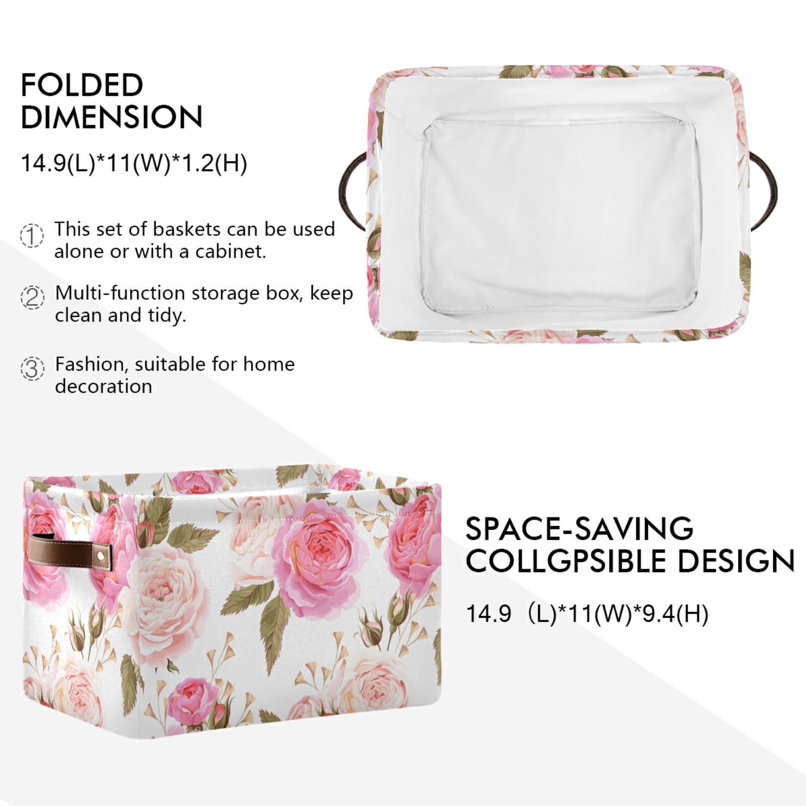 Susiyo Large Foldable Storage Bin - Floral Pink Roses Fabric Collapsible Basket with PU Handles | Organizer for Shelves, Closet, Bedroom & Living Room | Perfect for Home Organization & Decorative Storage (1-Pack)