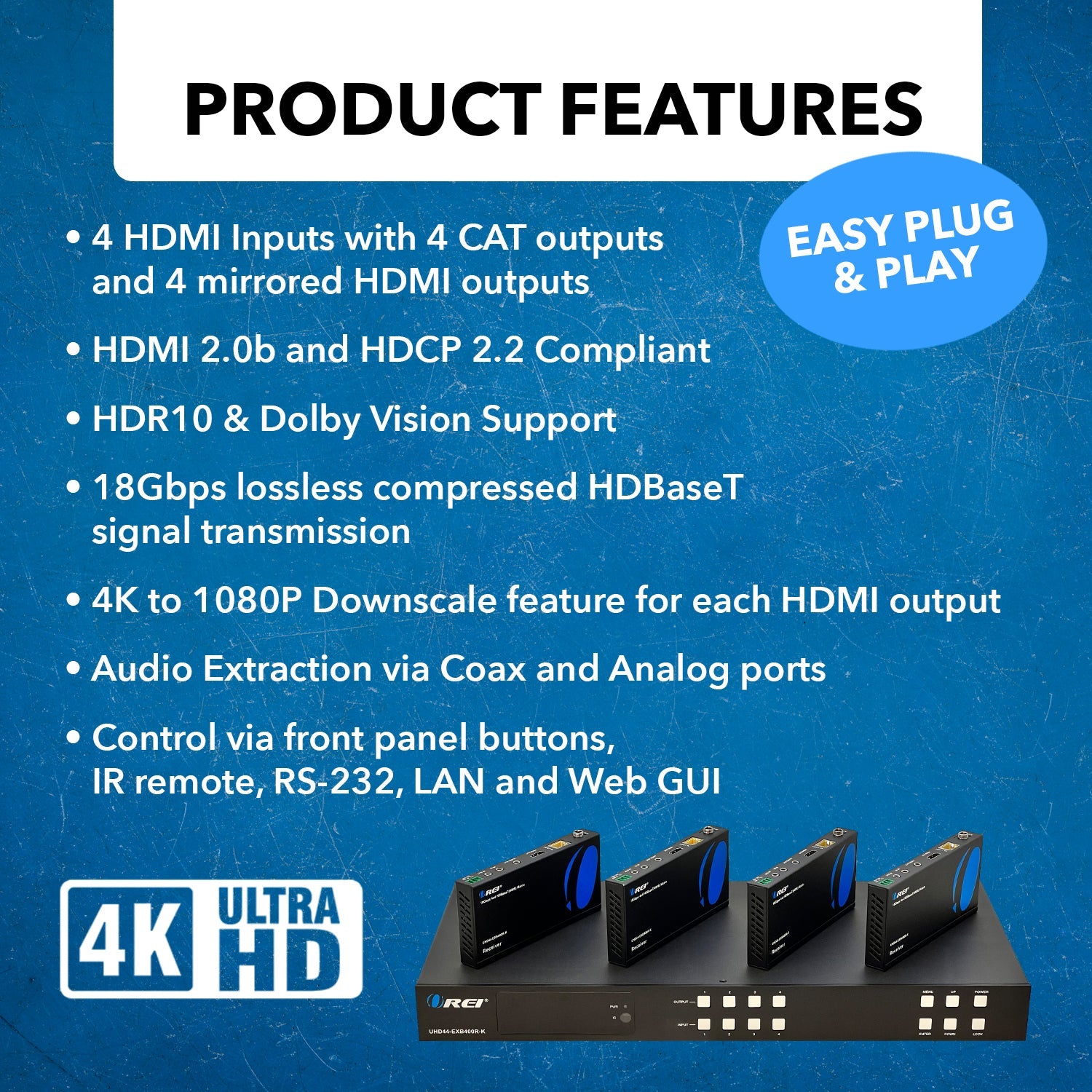 4K HDMI Extender Over Cat5e/6/7 Cable - 400ft HDBaseT Transmission with IR Control & EDID Management - Perfect for Home Theater, Conference Rooms, and Digital Signage (UHD44 EXB400R K)