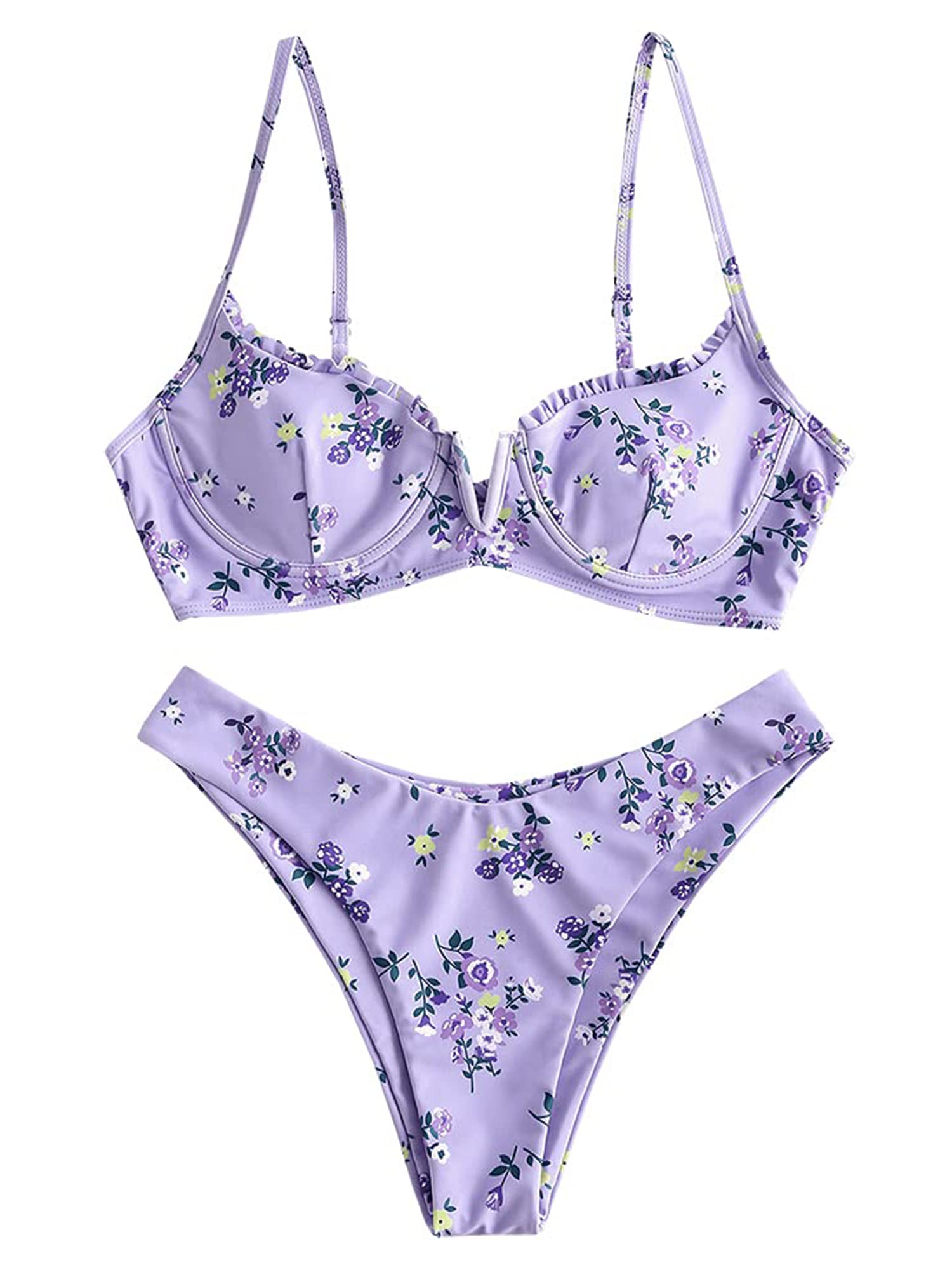 ZAFUL Women's Floral Underwire Bikini Set - High Cut V-Wired Two Piece Swimsuit for Beach & Pool Party | Sexy Bathing Suit for Summer Vacation