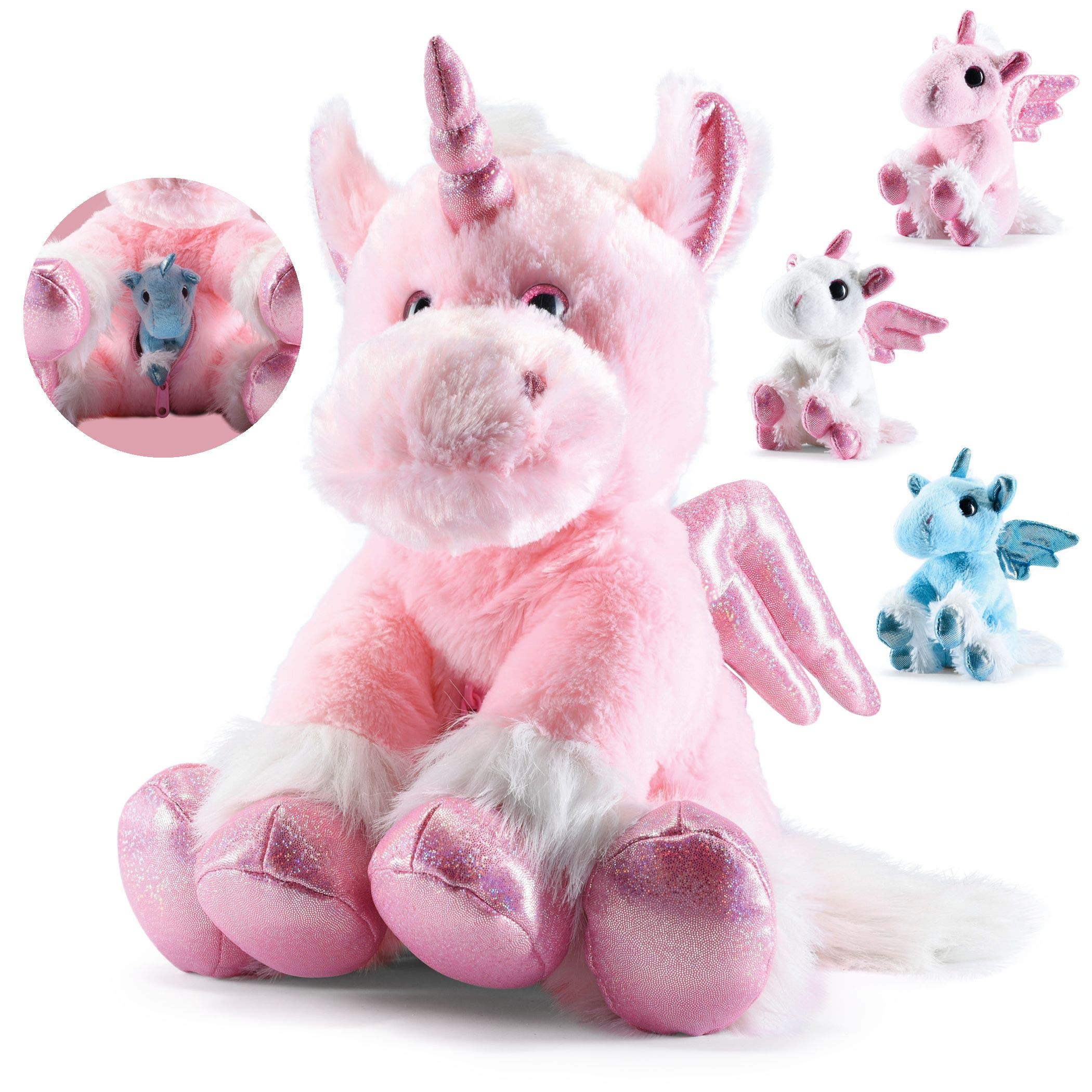 PREXTEX Plush Unicorn with Zippered Pouch & 3 Baby Unicorns - Soft Stuffed Animal Playset for Kids | Perfect for Cuddling, Gift Giving & Imaginative Play