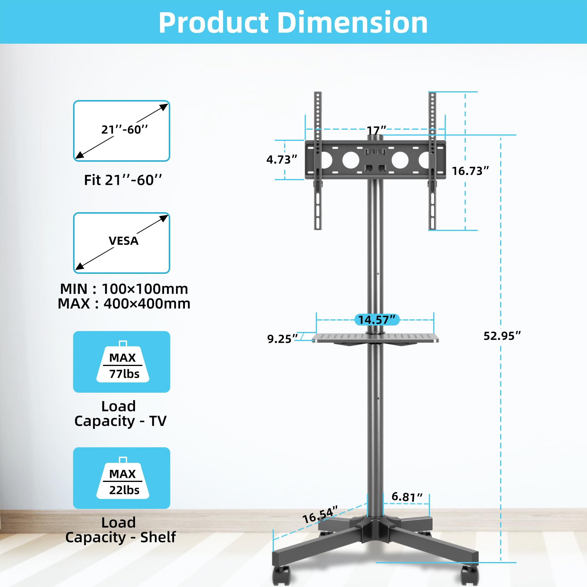 Height Adjustable Mobile TV Cart with Wheels for 21-60 Inch Flat/Curved Screens - Heavy Duty Floor Stand with Shelf (77lbs Capacity) - Max VESA 400x400mm - Perfect for Hospitals, Schools & Home Entertainment