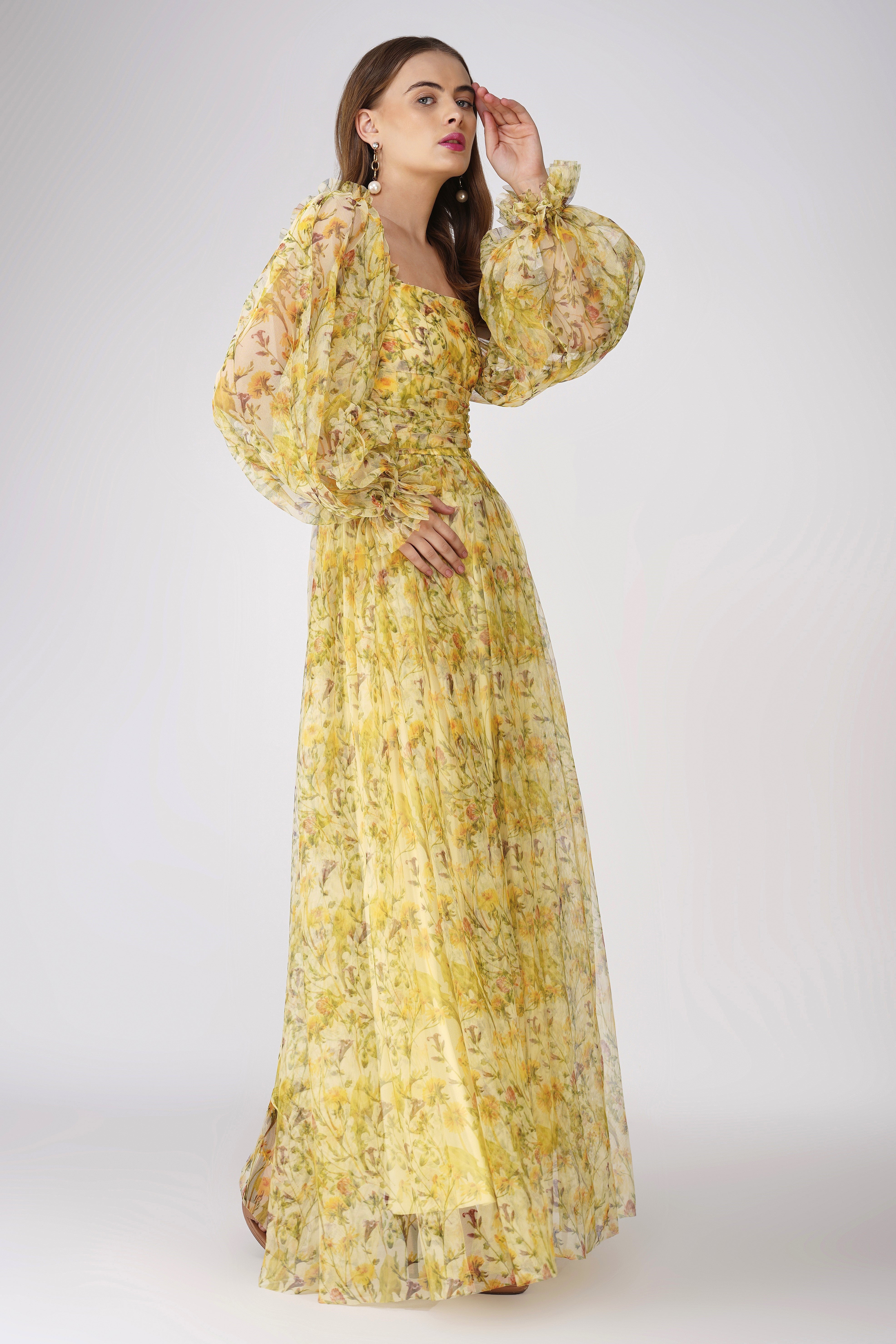Lana Yellow Printed Tulle Maxi Dress - Flowy Summer Beach Dress for Women, Boho Chic Wedding Guest Outfit, Perfect for Vacations & Special Occasions