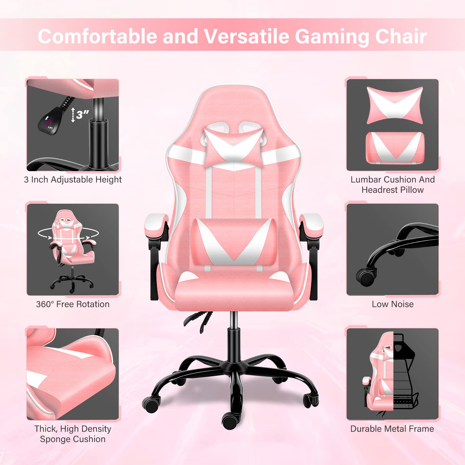 Pink Gaming Chair for Big and Tall Gamers - Racing Style Ergonomic Office Chair with Adjustable Height, Swivel, Headrest & Lumbar Support - Perfect for PC Gaming, Streaming & Home Office Setup