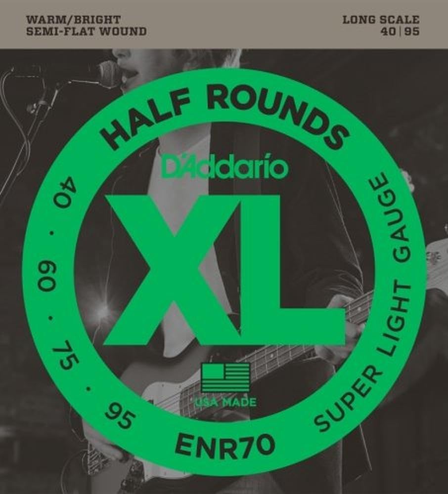 D'Addario XL Nickel Half Round Bass Guitar Strings ENR70 - Long Scale, Super Light Gauge 40-95, 4-String Set (Pack of 1) - Perfect for Jazz, Blues & Rock Bass Players