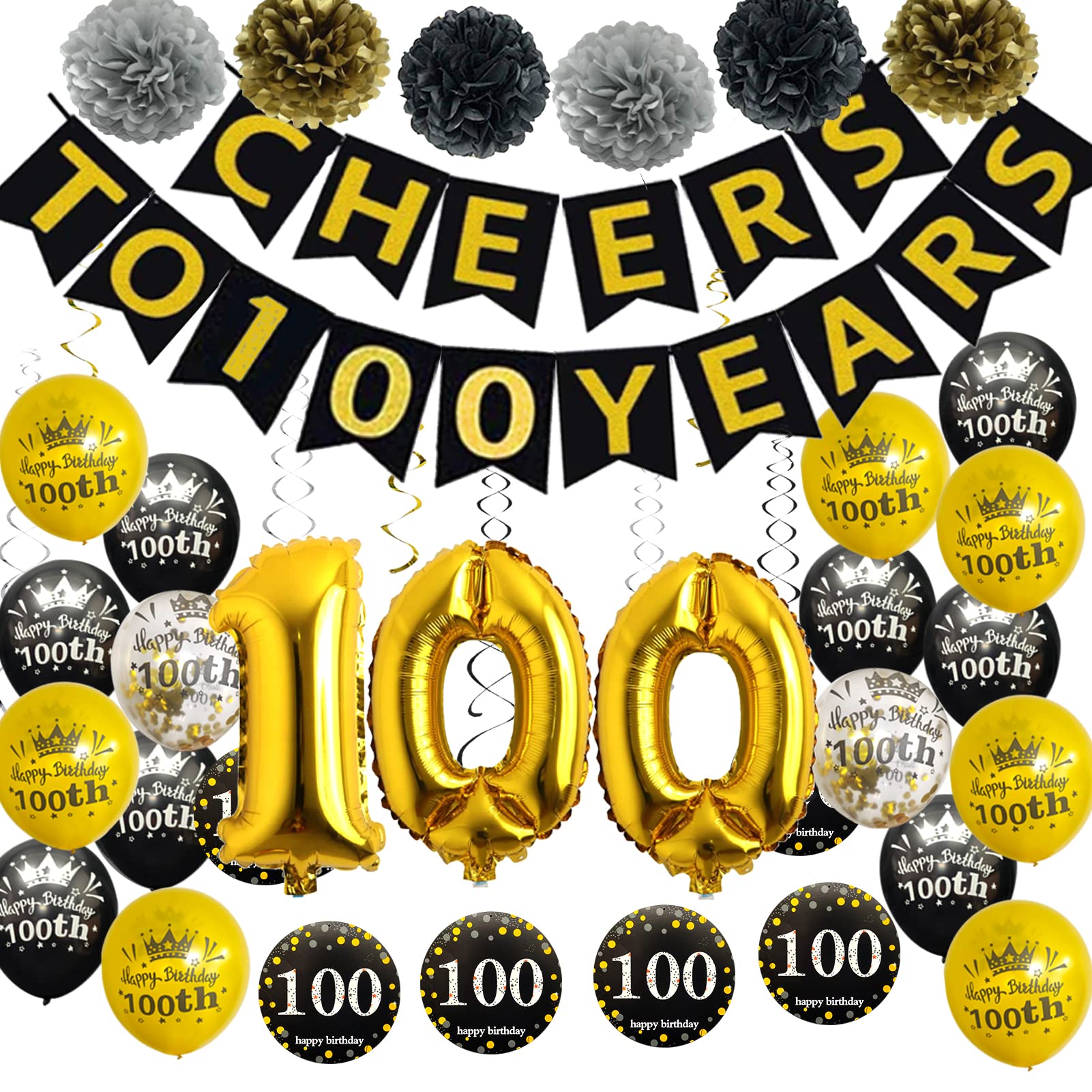 Trgowaul 100th Birthday Party Decorations Kit - Gold Glitter 'Cheers to 100 Years' Banner, Pom Poms, 6 Sparkling Hanging Swirls, Gold Number Balloon & 15 Confetti Balloons - Perfect for Centennial Celebrations, Milestone Anniversaries & Grandparent Birthday Parties