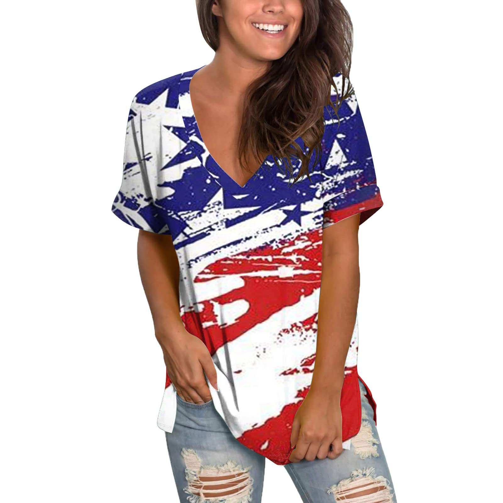 Women's Casual V-Neck Rolled Sleeve Loose Fit Side Split T-Shirt - 4th of July American Flag Printed Summer Top for BBQ, Beach Outings & Patriotic Celebrations