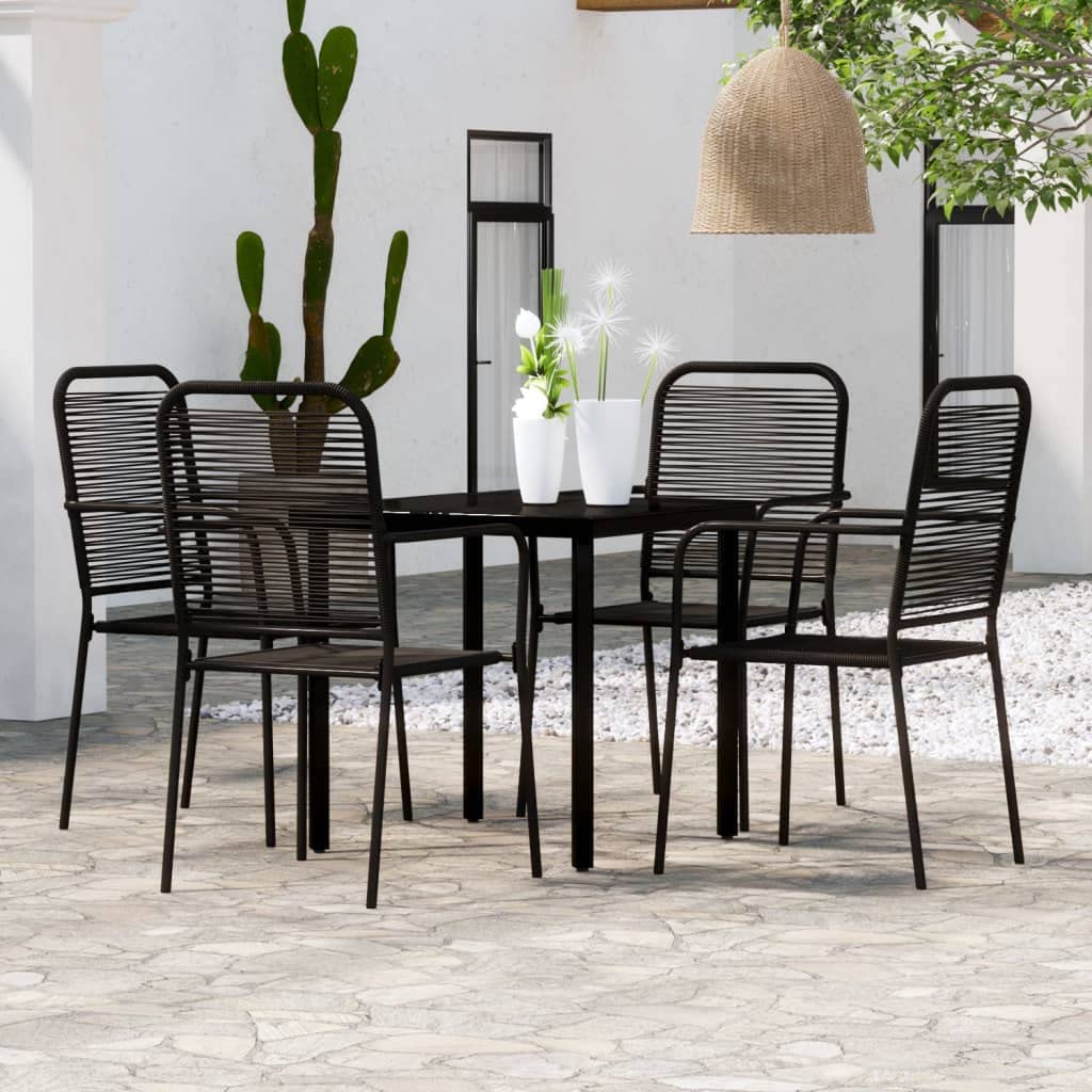 vidaXL 5-Piece Patio Dining Set - Black Cotton Rope Chairs with Powder-Coated Steel Frame & Square Tempered Glass Table - Outdoor Garden Furniture for Backyard, Poolside, or Balcony - Durable Indoor/Outdoor Use