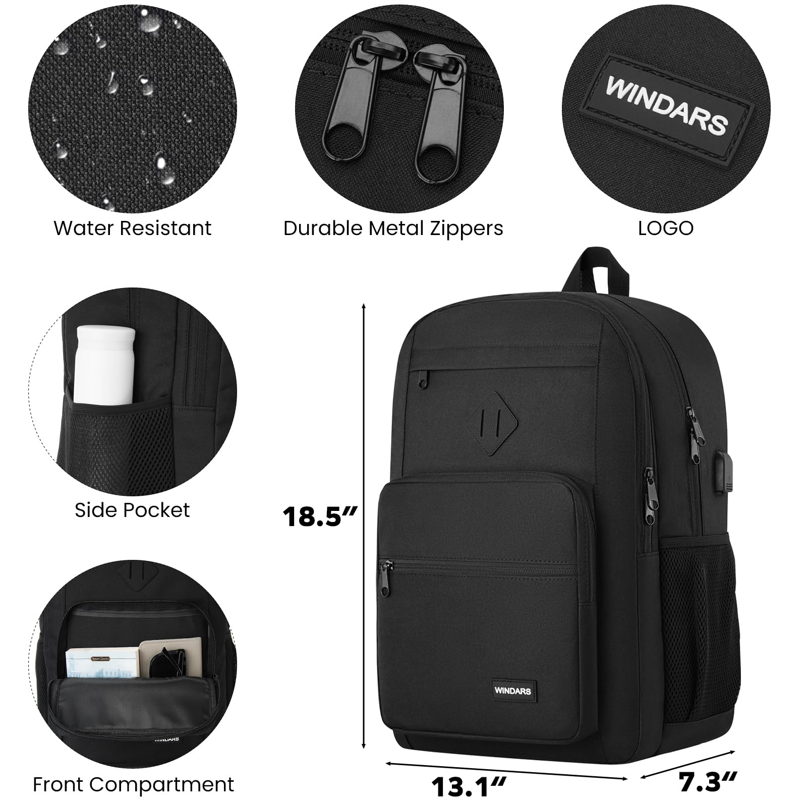Durable Black Backpack for Men & Women - 17.3 Inch Laptop Bookbag with USB Charger | Water-Resistant School Backpack for College, High School, Work & Travel | Perfect for Commuting, Hiking & Daily Use