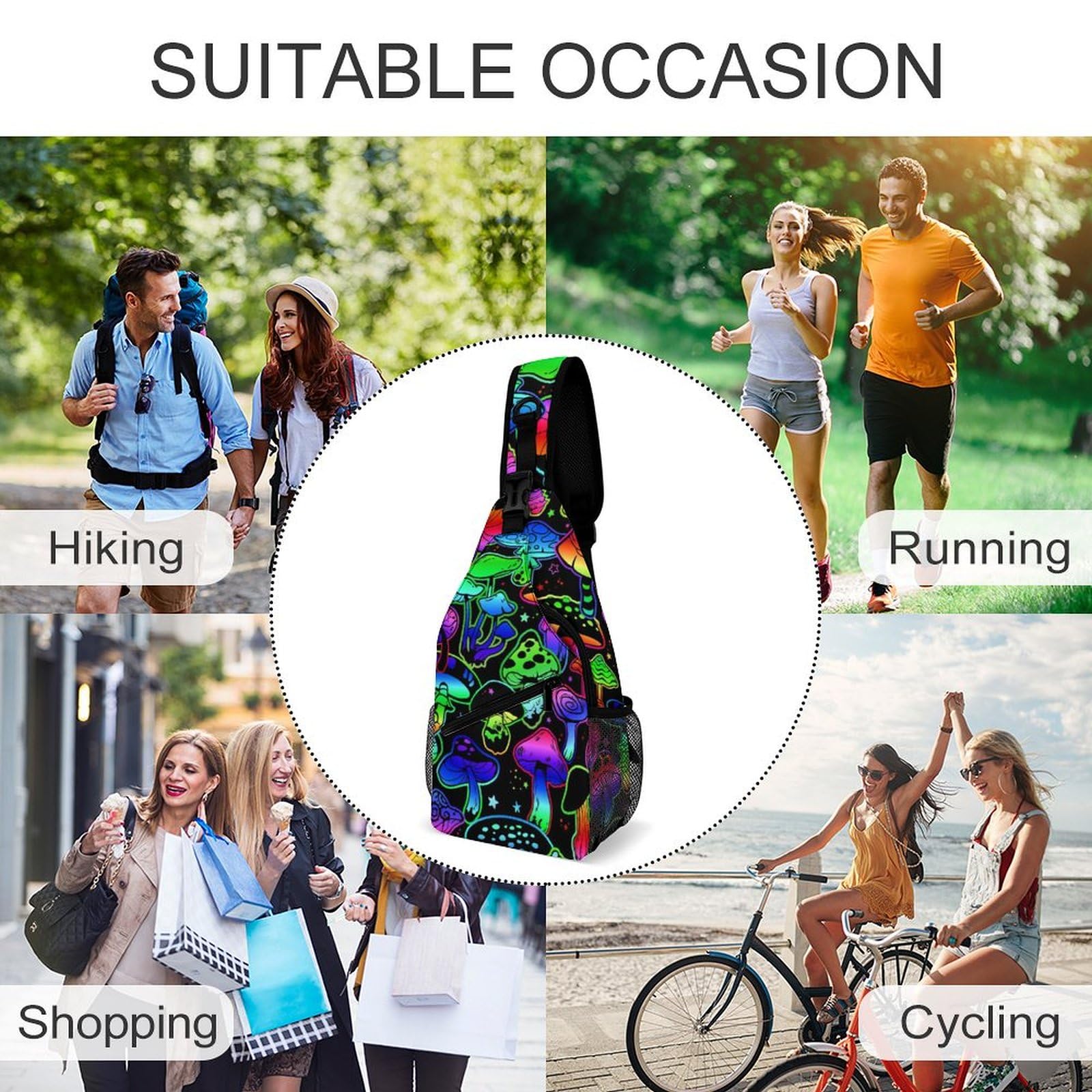 Anti-Theft Sling Bag for Women & Men - Gothic Hippie Neon Mushroom Chest Pack - Crossbody Shoulder Backpack for Hiking, Cycling, Travel & Outdoor Adventures