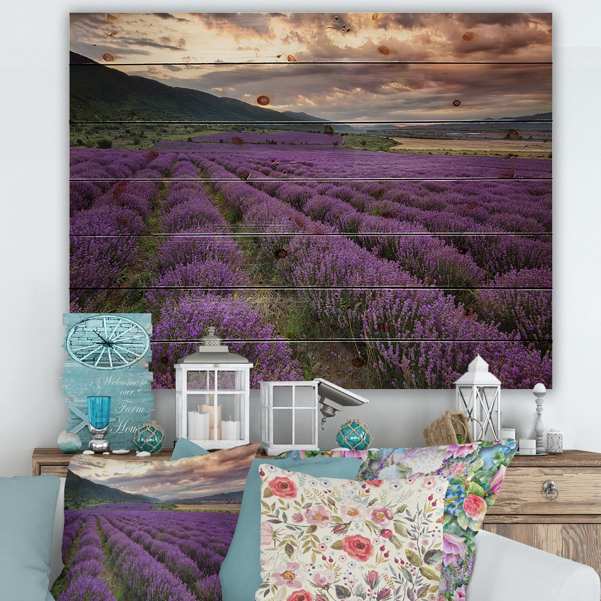 DesignQ Lavender Field at Dawn Farmhouse Wood Wall Art - Large Purple Landscape Wall Decor Printed on Natural Pine Wood - Perfect for Living Room, Bedroom & Office Decor