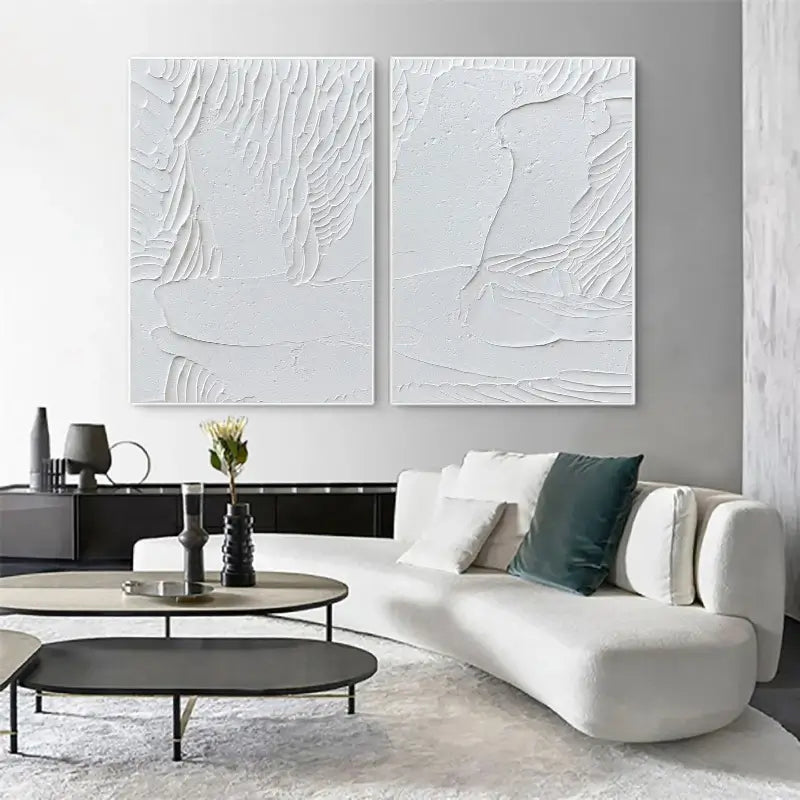 Minimalist White Textured Canvas Paintings - Set of 2 Abstract Wall Art for Living Room, Bedroom & Office Decor #MM047