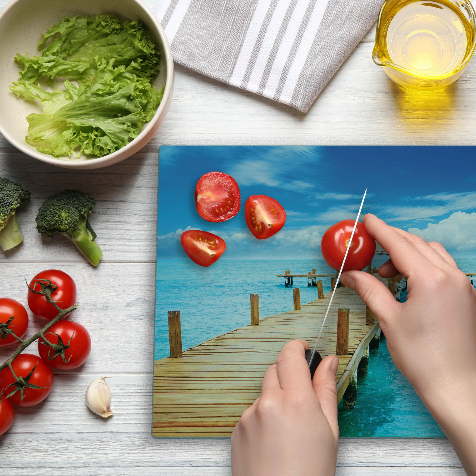 Lunarable Tropical Cutting Board - Bungalow on Clear Sea Beach Scenic View, Decorative Tempered Glass Serving Board - Large Size Pale Brown Blue Aqua - Perfect for Kitchen Prep, Charcuterie Display & Home Decor