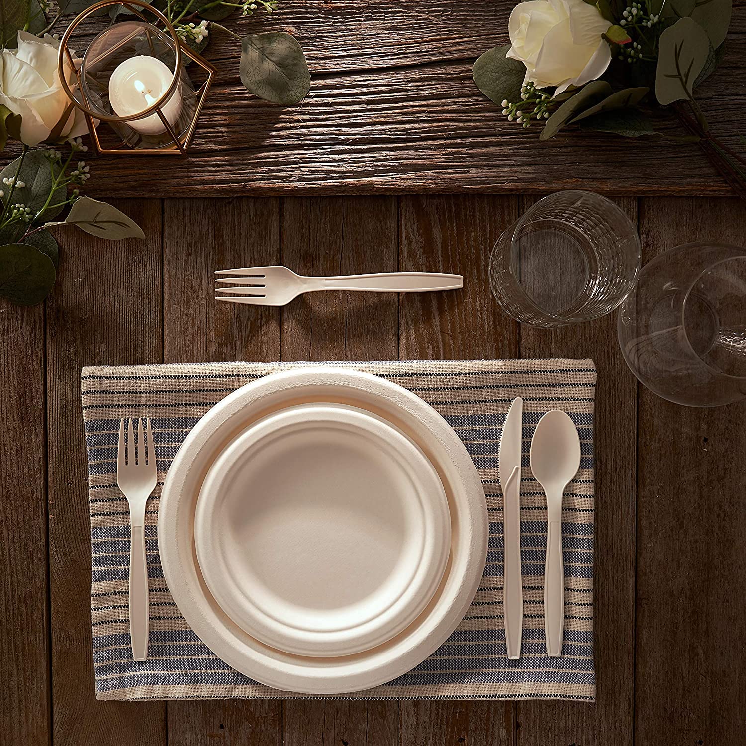 250-Piece (50 Sets) Biodegradable Paper Plates Set with Extra Long Utensils | Eco-Friendly Compostable Disposable Dinnerware | Includes Plates, Bowls, Forks, Knives & Spoons | Perfect for Parties, Picnics & Outdoor Events