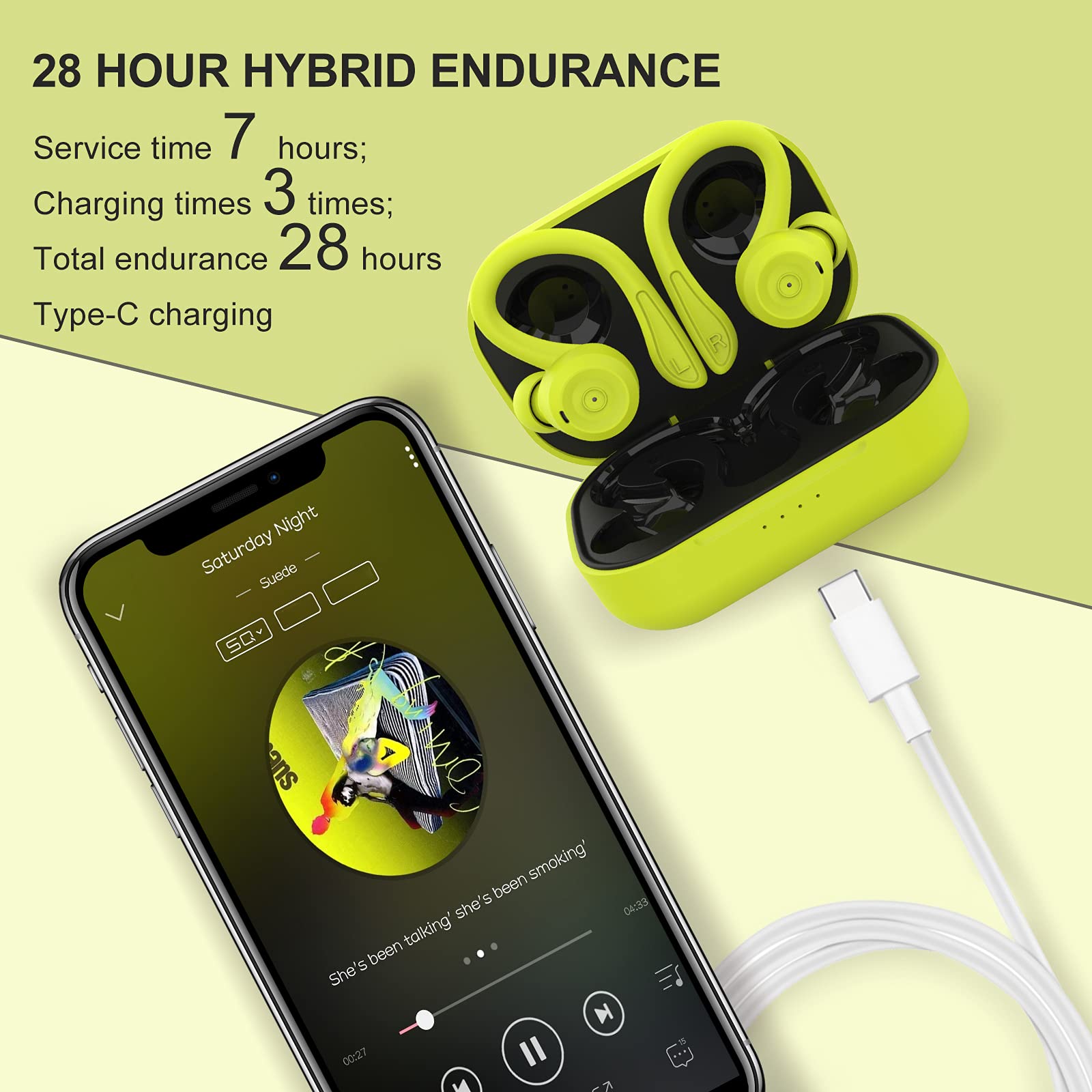 Wireless Bluetooth Earbuds with Ear Hooks - Green Over-Ear Headphones, Waterproof Sport Earphones with Noise Cancellation for Running, Gym, Workout - Perfect for Android Users & Active Lifestyles