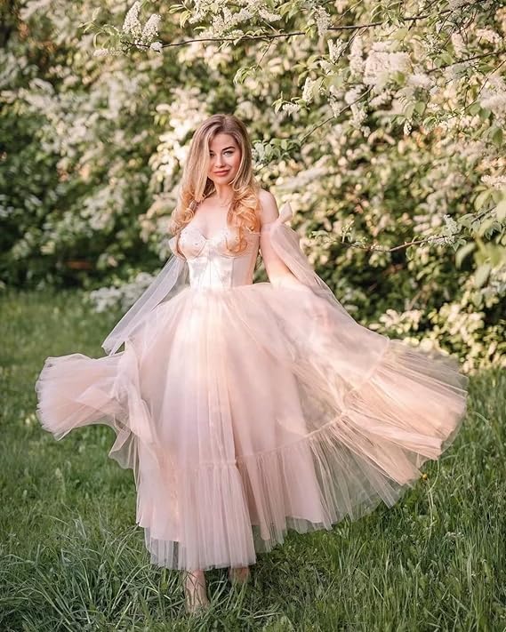 2024 Women's Tulle Beaded Prom Dress - Tea Length Homecoming Gown for Formal Dances, Weddings & Special Occasions