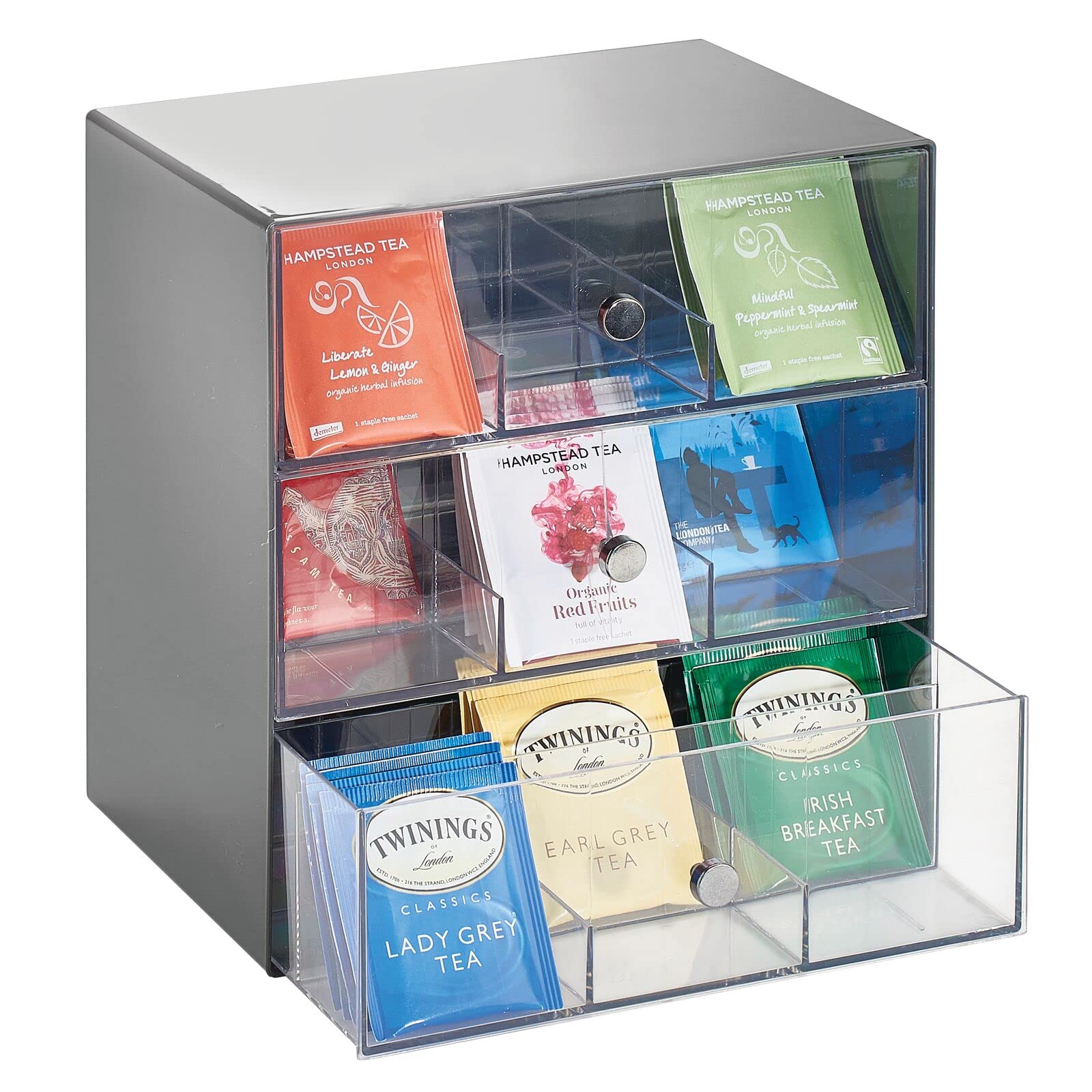 mDesign 3-Drawer Tea Bag Organizer - Kitchen Storage for Coffee, Sugar Packets - Charcoal Gray/Clear - Perfect for Pantry & Countertop