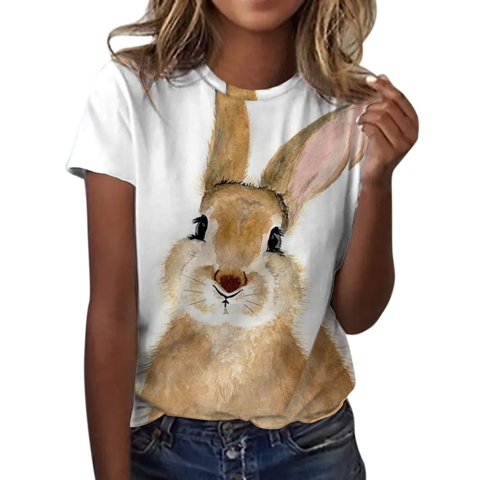 Women's Cute Rabbit Print Short Sleeve T-Shirt - Summer Casual Crewneck Tee for Bunny Lovers - Funny Easter Gift Idea - Perfect for Casual Outings, Easter Celebrations & Animal Lover Gifts