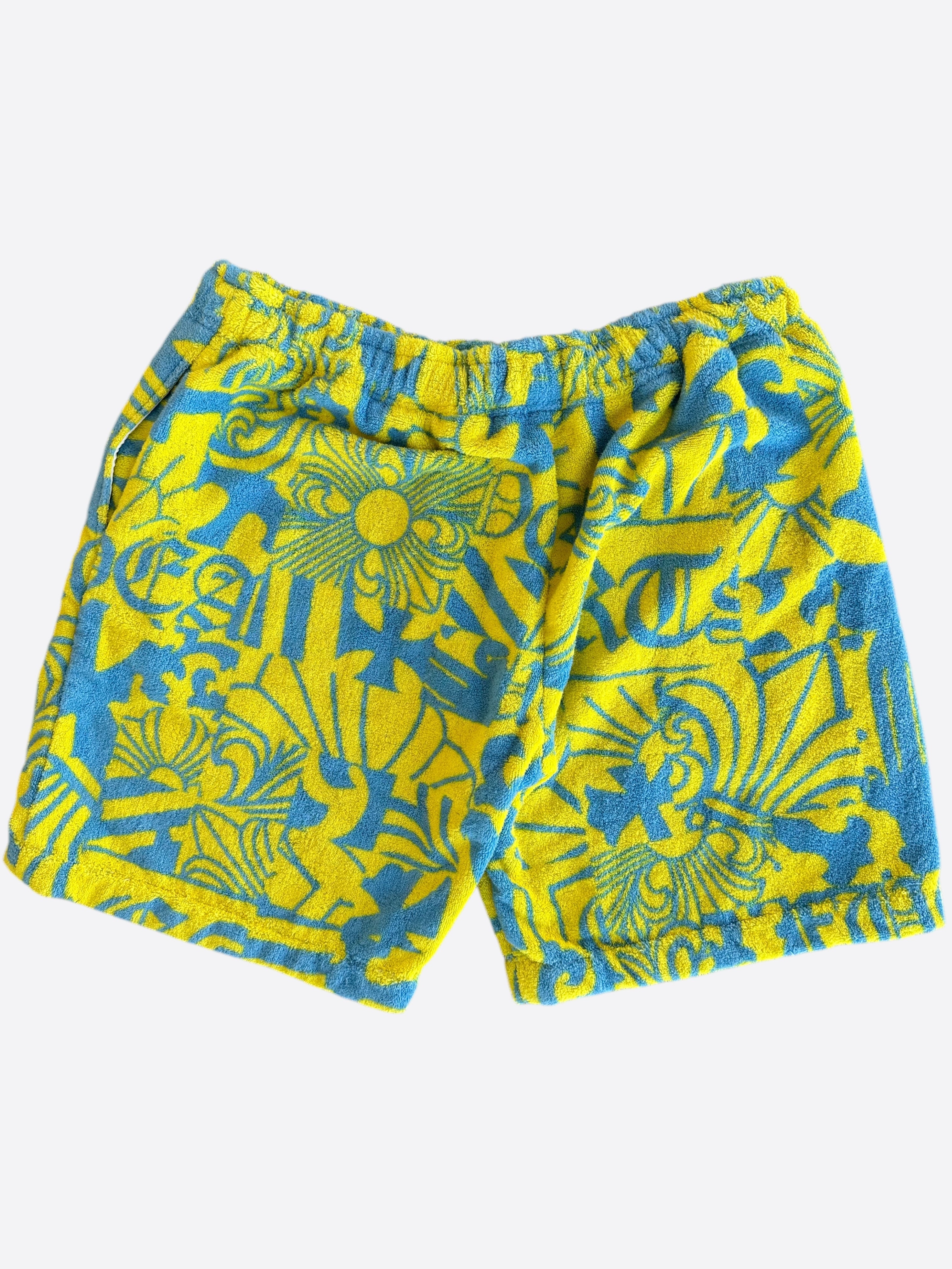 Chrome Hearts Yellow & Blue Printed Beach Towel Shorts - Stylish Swimwear for Summer Vacations & Pool Parties